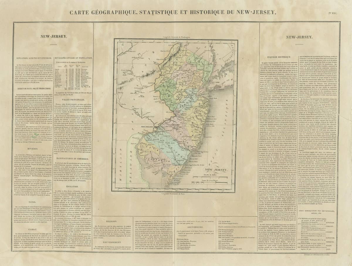 Original Antique Map of the State of New Jersey Published in France