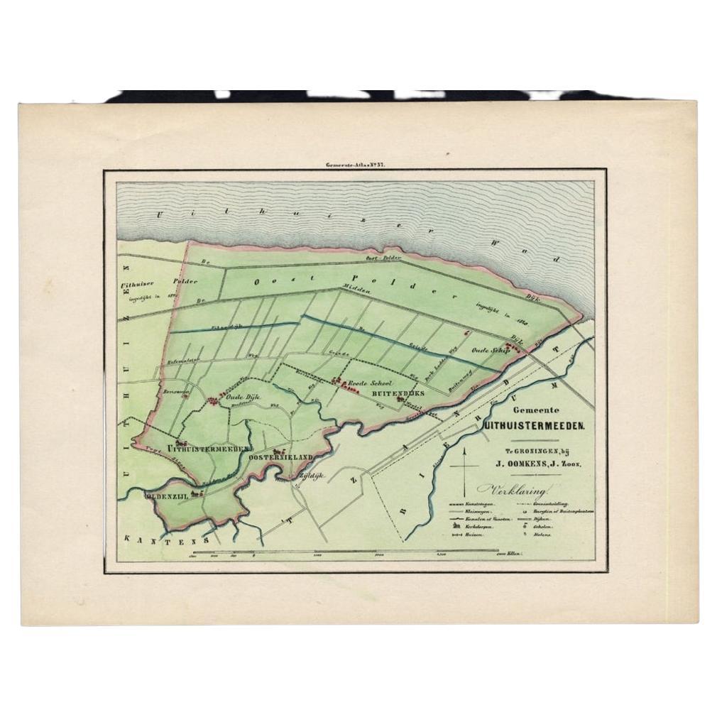 Original Antique Map of the Township of Uithuizermeeden, the Netherlands, 1862 For Sale