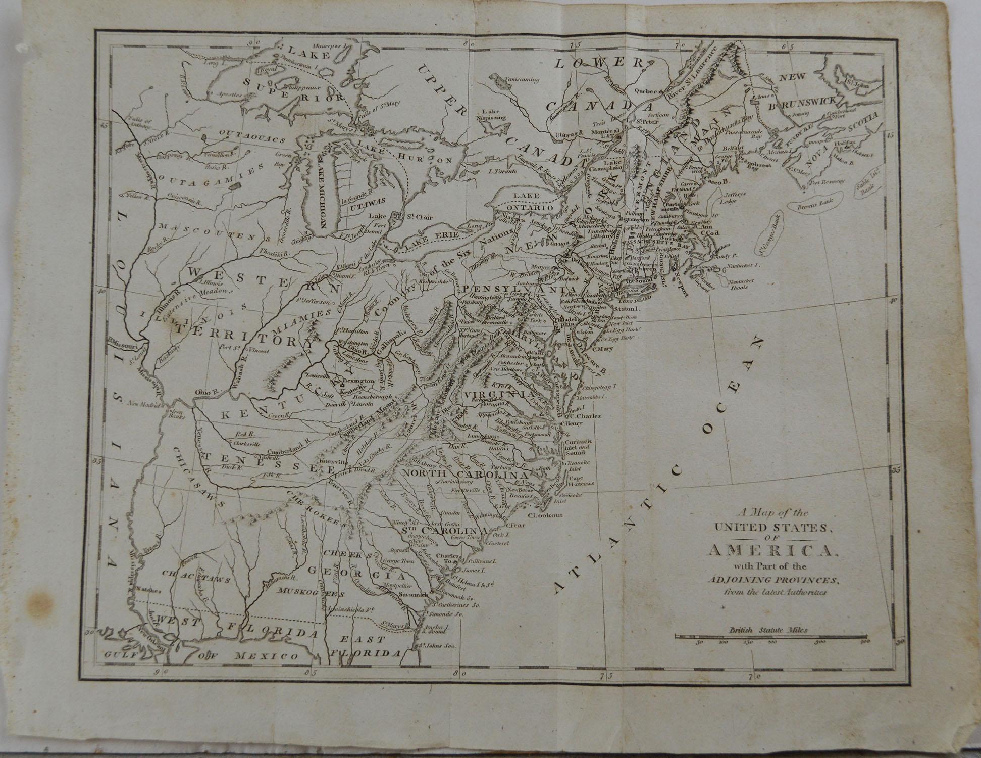 Rare map of the United States

Copper plate engraving

Published, circa 1800.

Originally from Barclay's Dictionary

Unframed

Some minor foxing.