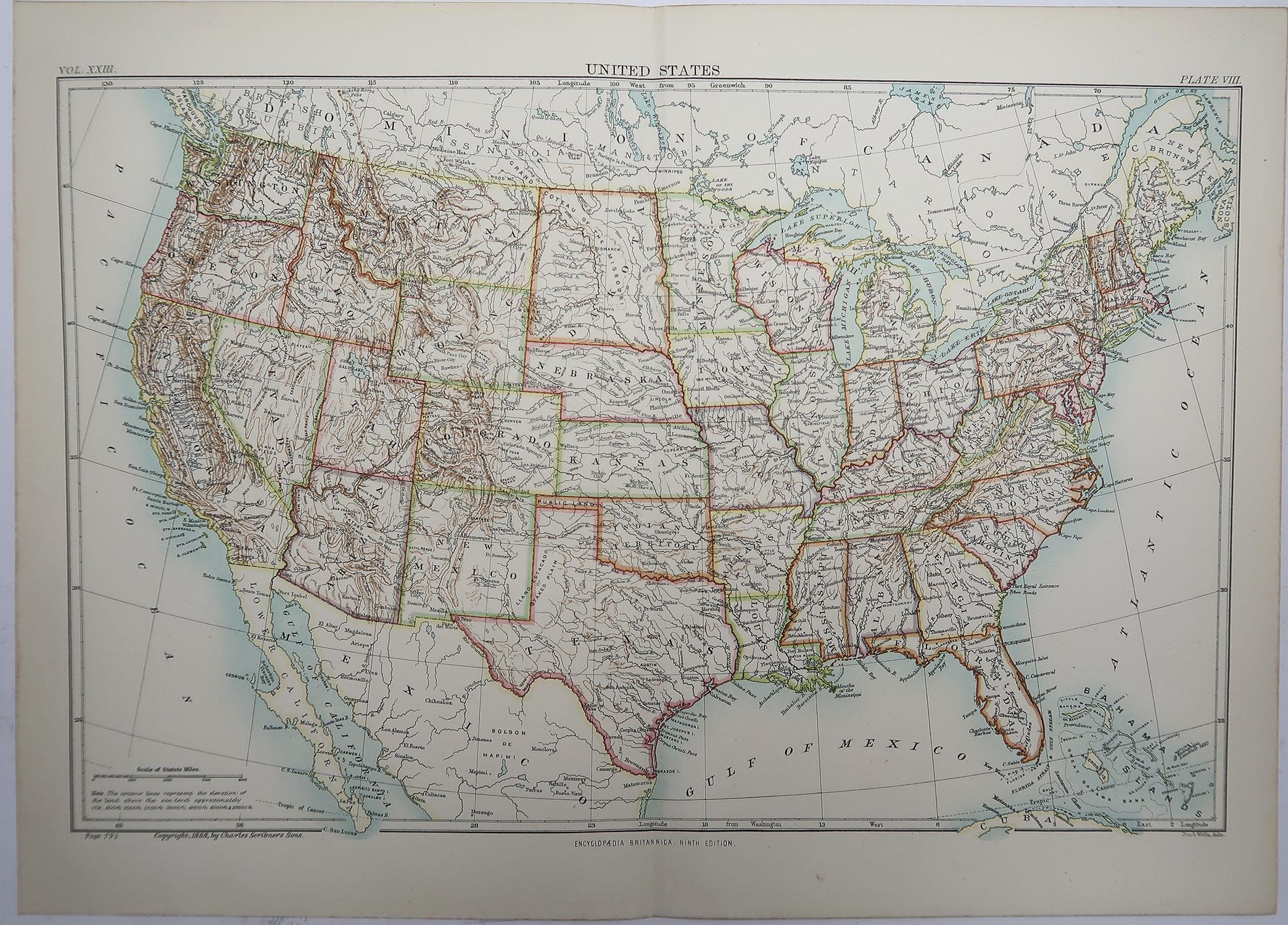 Scottish Original Antique Map of The United States of America, 1889