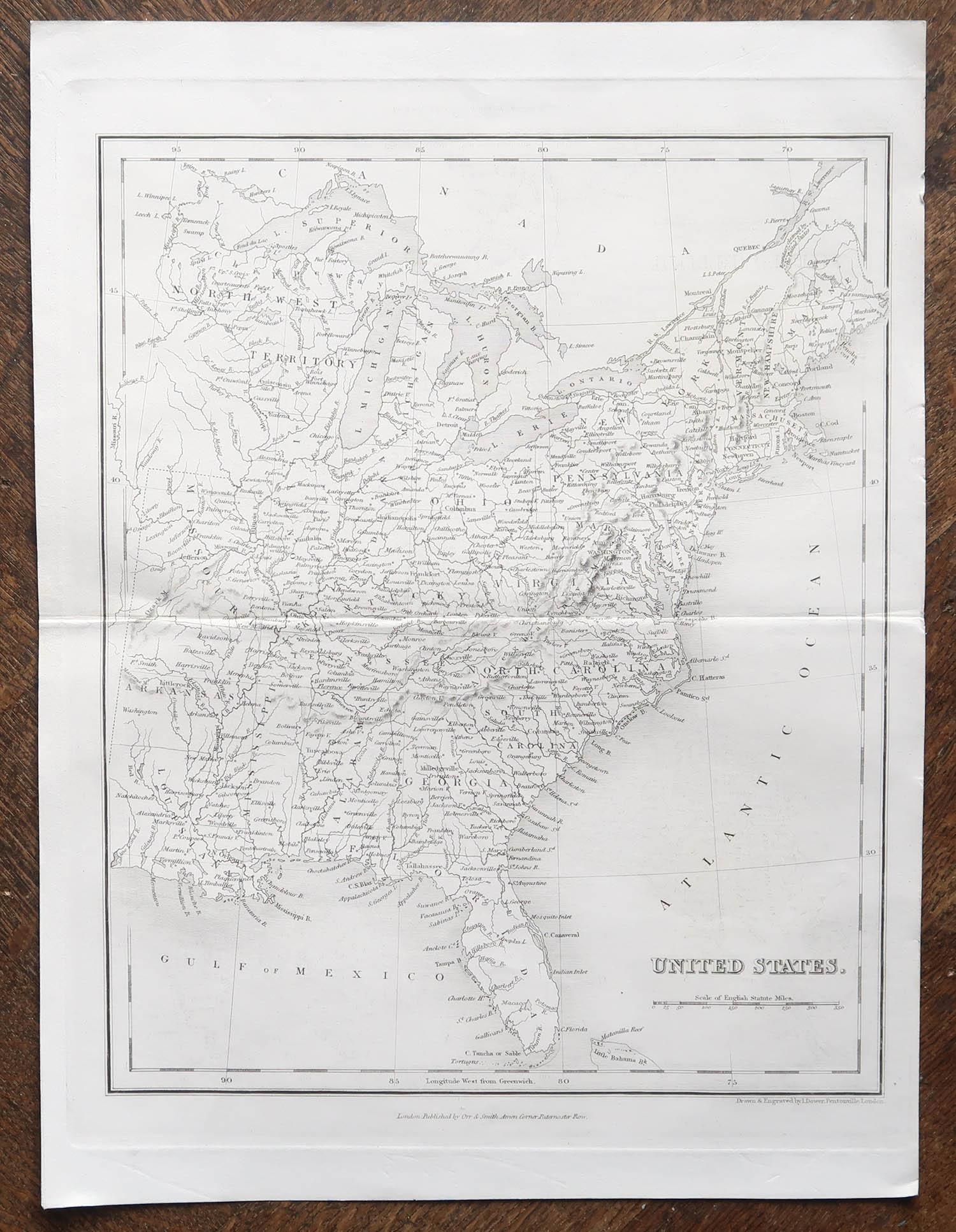 Anglais Carte ancienne originale des Etats-Unis d'Amérique par Dower, vers 1835 en vente