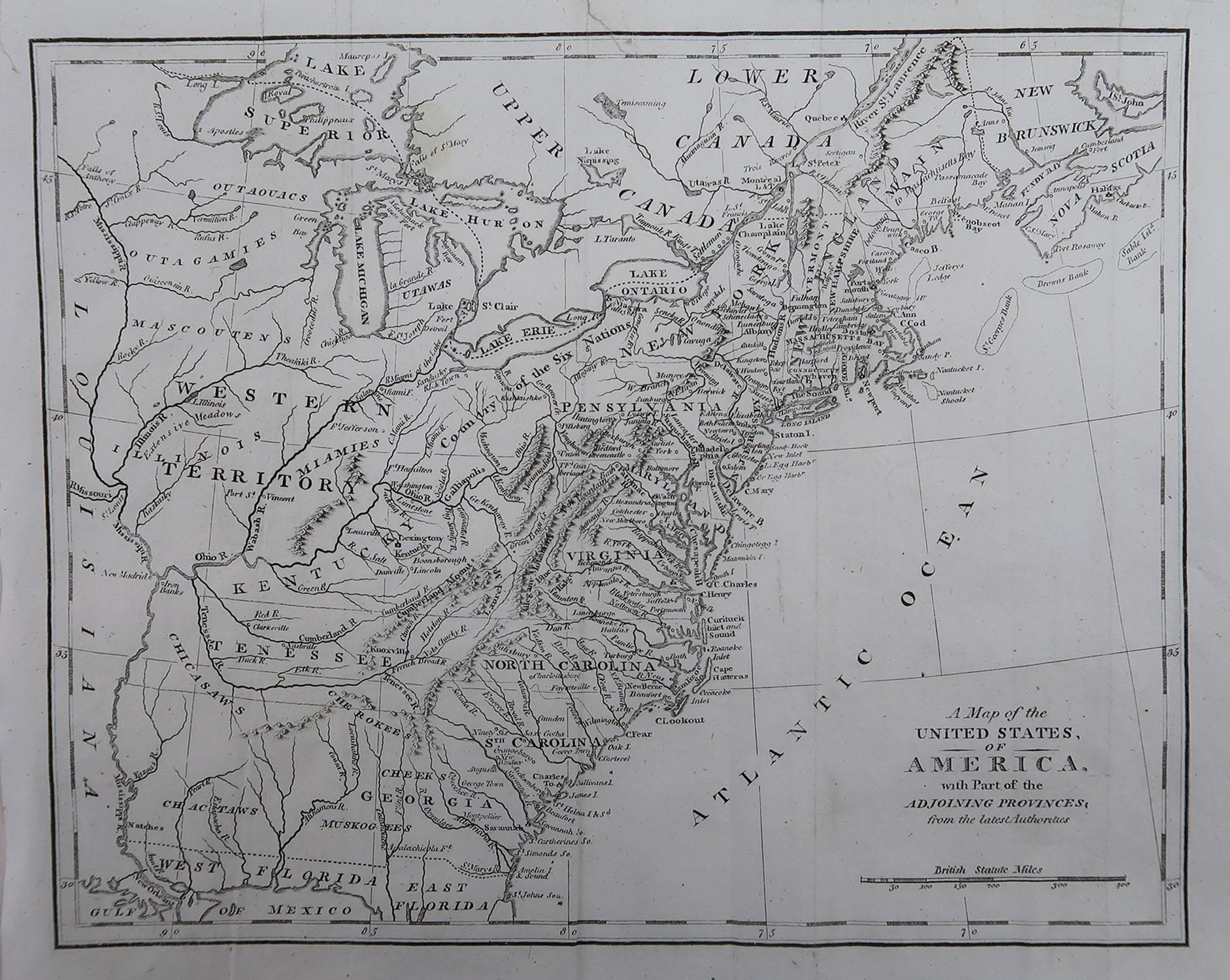 Rare map of the United States

Copper plate engraving

Published, circa 1800.

Originally from Barclay's Dictionary

Unframed

Two repairs to minor edge tears.