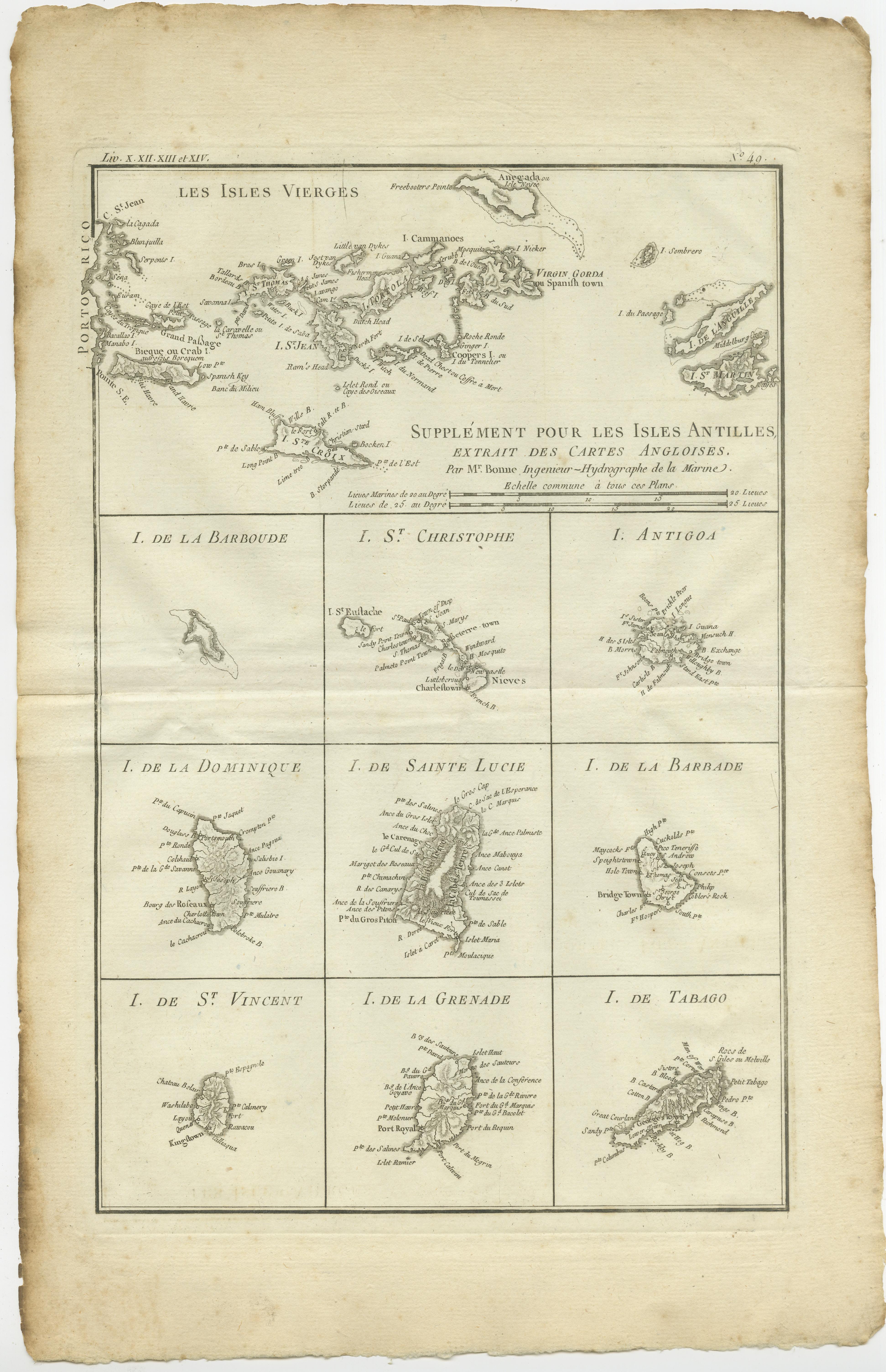 Antique map titled 'Supplément pour les Isles Antilles (..)'. Original old map of the Virgin Islands, with insets of Barbuda, St. Kits, Antigua, Dominica, St. Lucia, Barbados, St. Vincent, Grenada, and Tobago. The main map covers the region from St.
