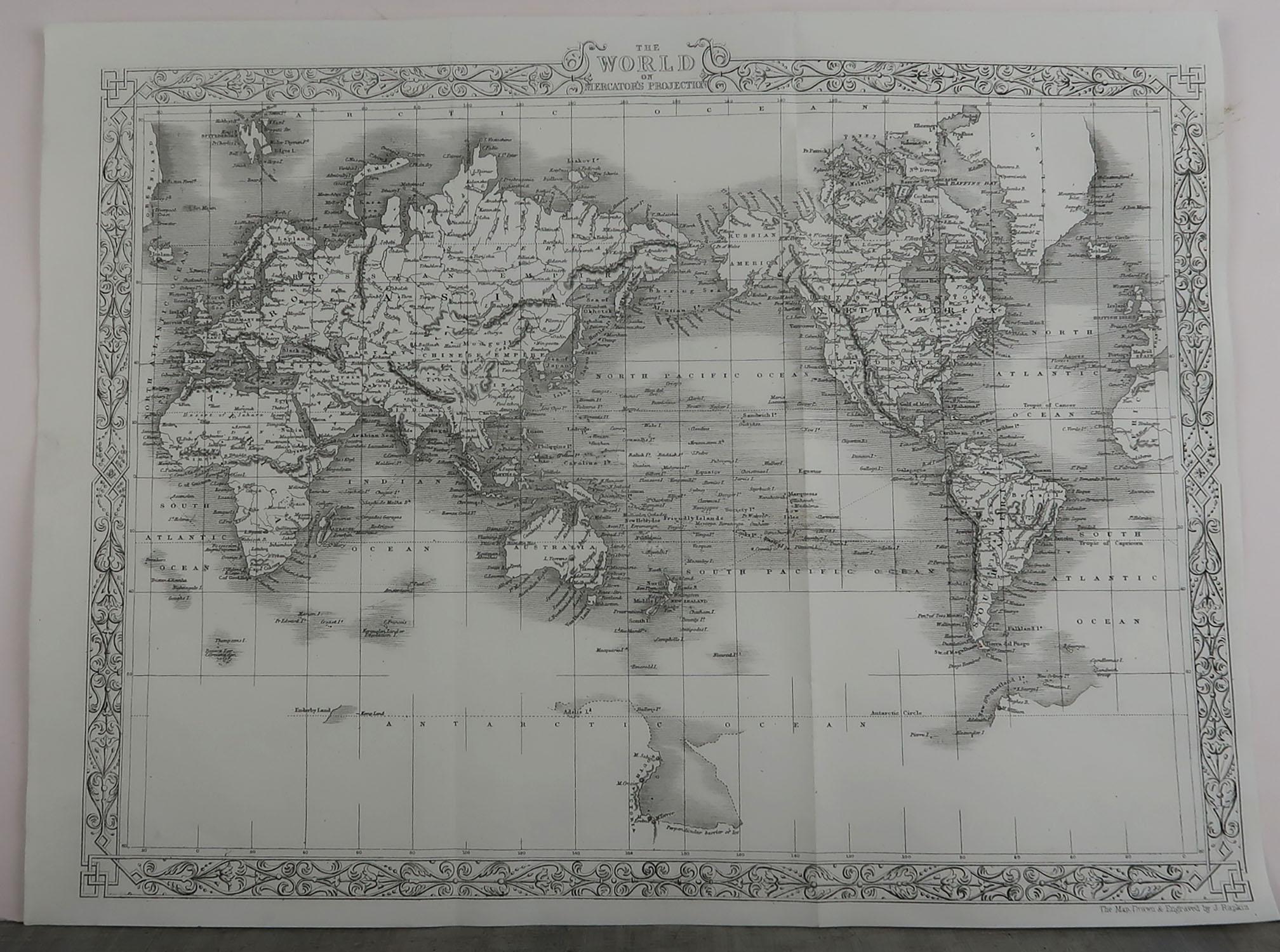 English Original Antique Map of The World By John Rapkin, circa 1850