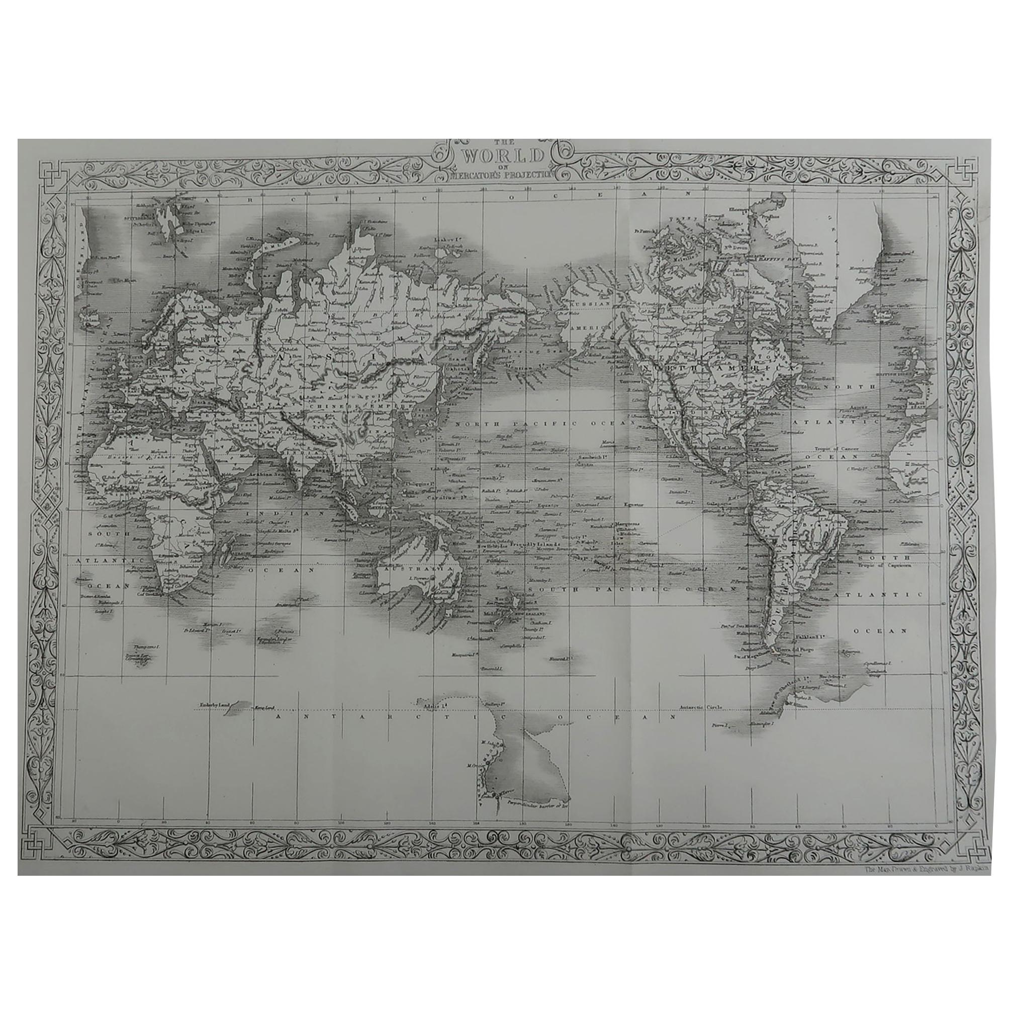 Original Antique Map of The World By John Rapkin, circa 1850