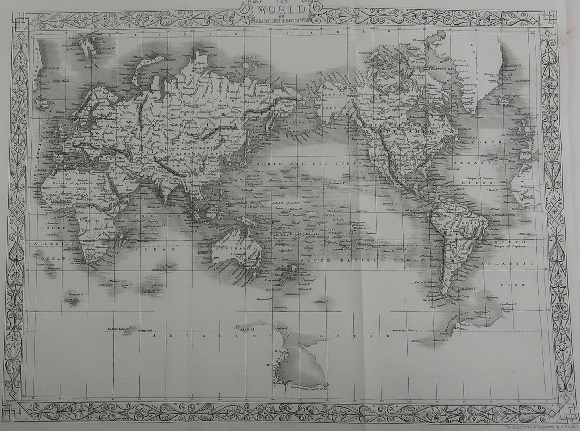 Great map of The World

Drawn and engraved by John Rapkin.

Published circa 1850.

Unframed.


 