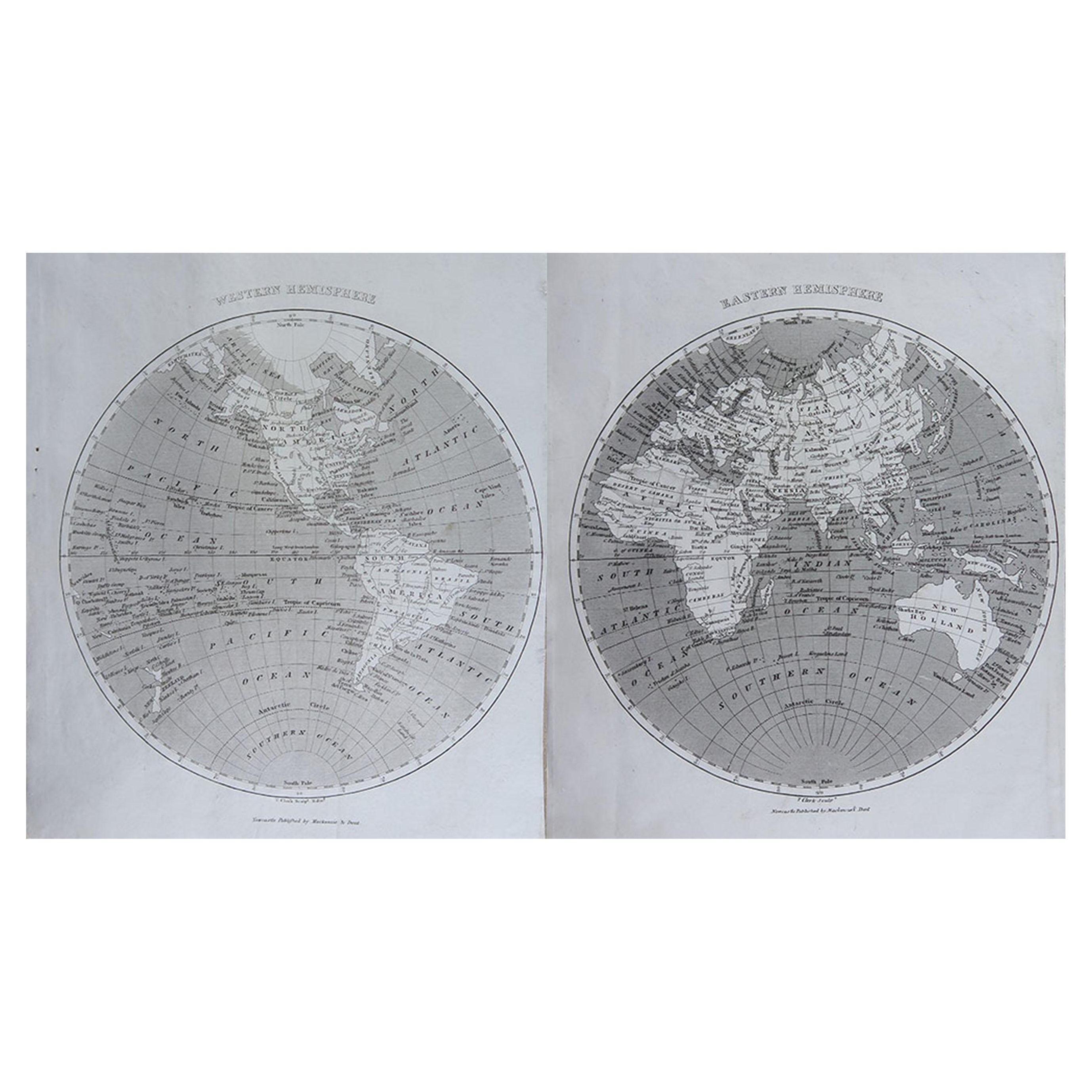 Mappa antica originale del mondo di Thomas Clerk, 1817