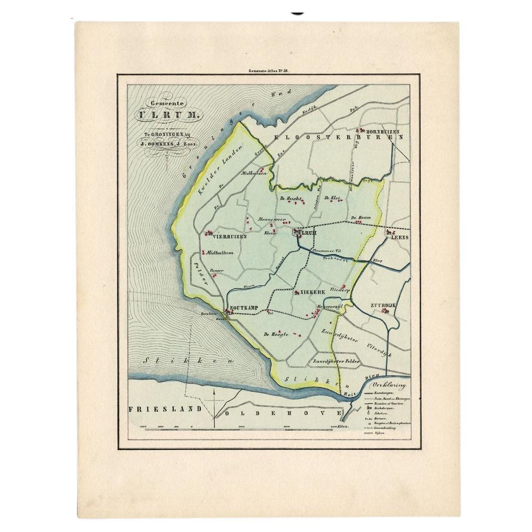 Original Antique Map of Township Ulrum in Groningen, The Netherlands, 1862
