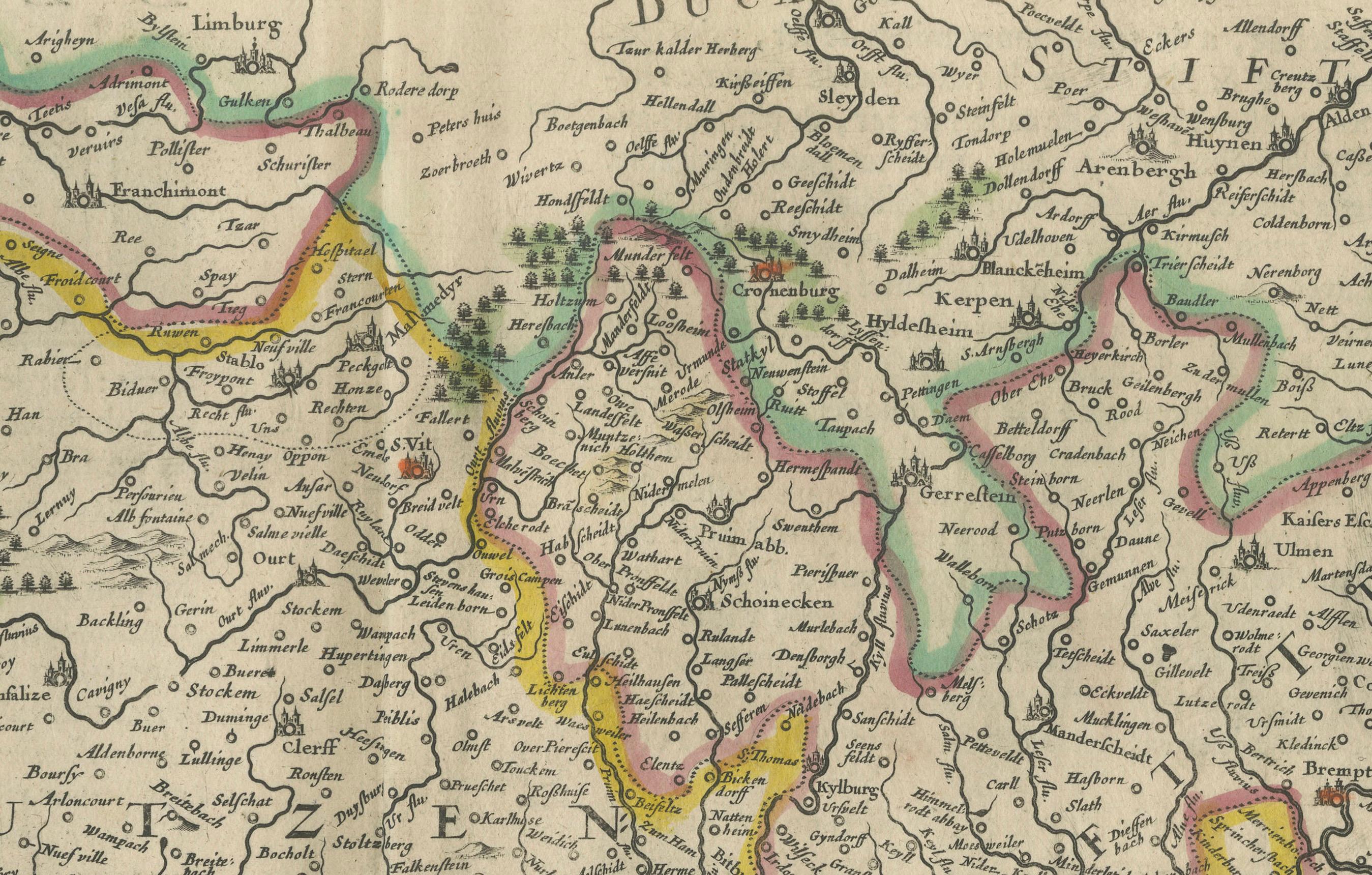 Map of Trier and Luxembourg by Joan Blaeu, Amsterdam circa 1640

This beautifully engraved and hand-colored map titled Trevirensis Archiepiscopatus, et Lutzenburgi Ducatus depicts the Archbishopric of Trier and the Duchy of Luxembourg, regions now