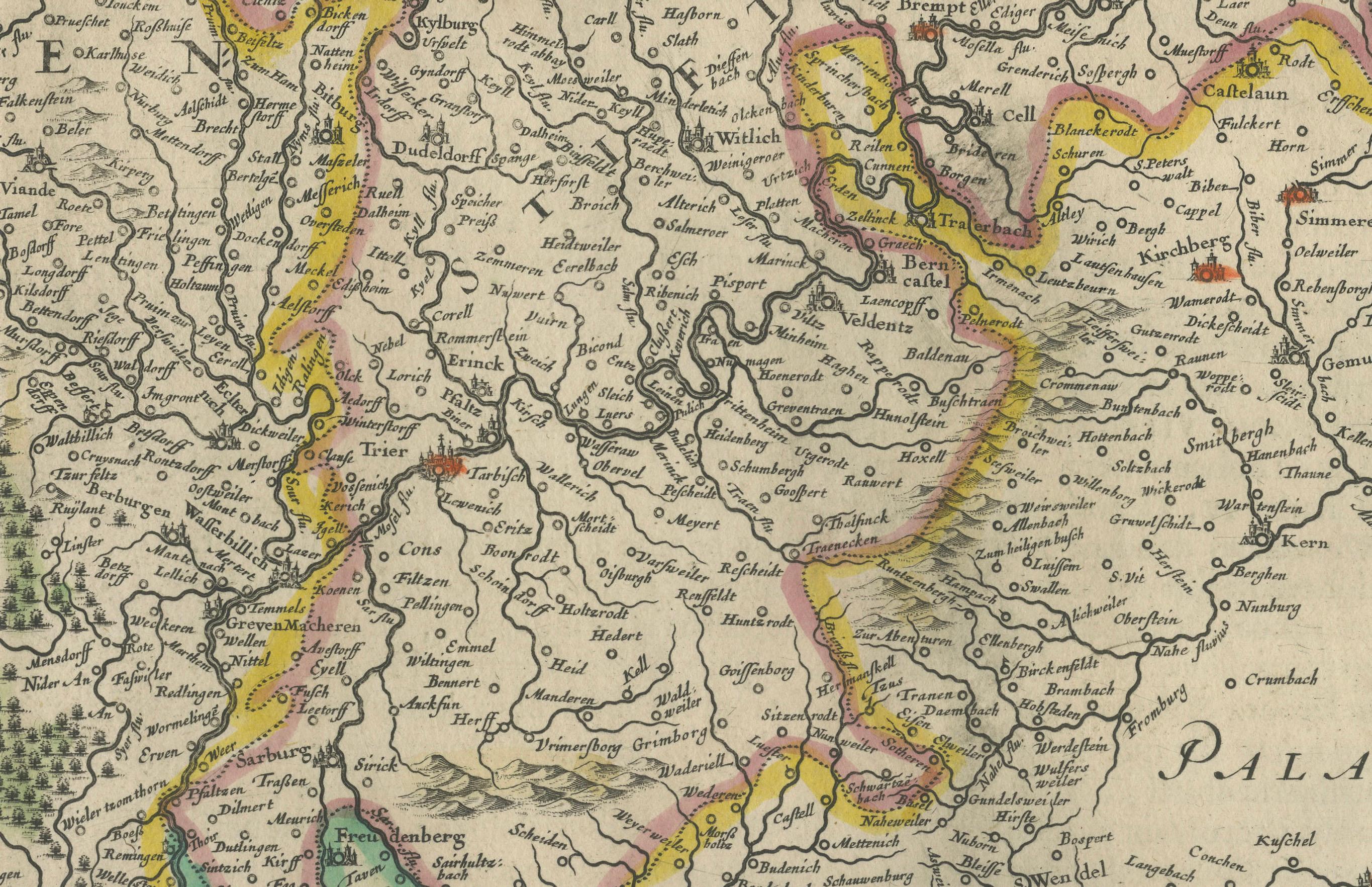 Dutch Original Antique Map of Trier and Luxembourg by Joan Blaeu, Amsterdam circa 1640 For Sale