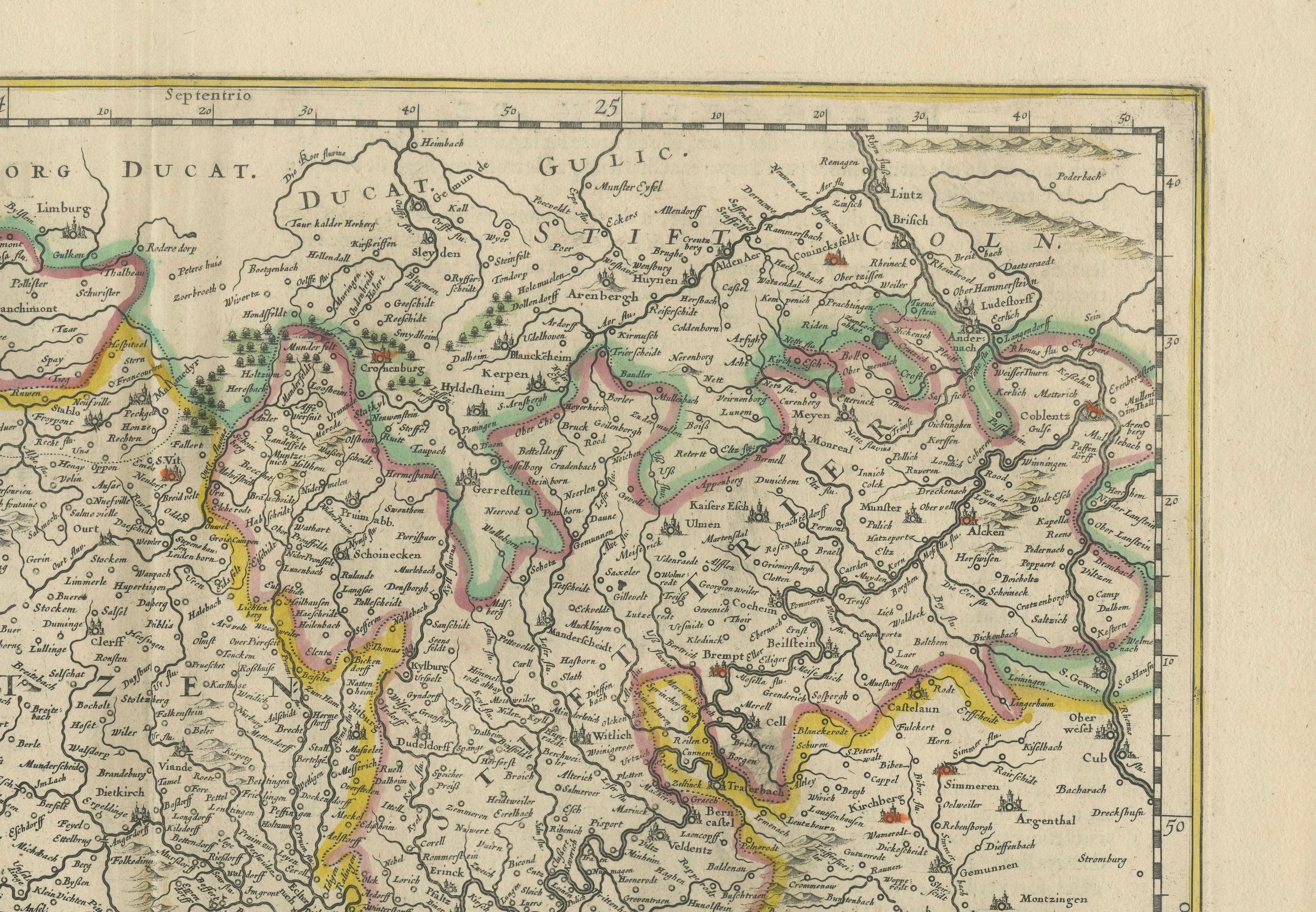 17th Century Original Antique Map of Trier and Luxembourg by Joan Blaeu, Amsterdam circa 1640 For Sale