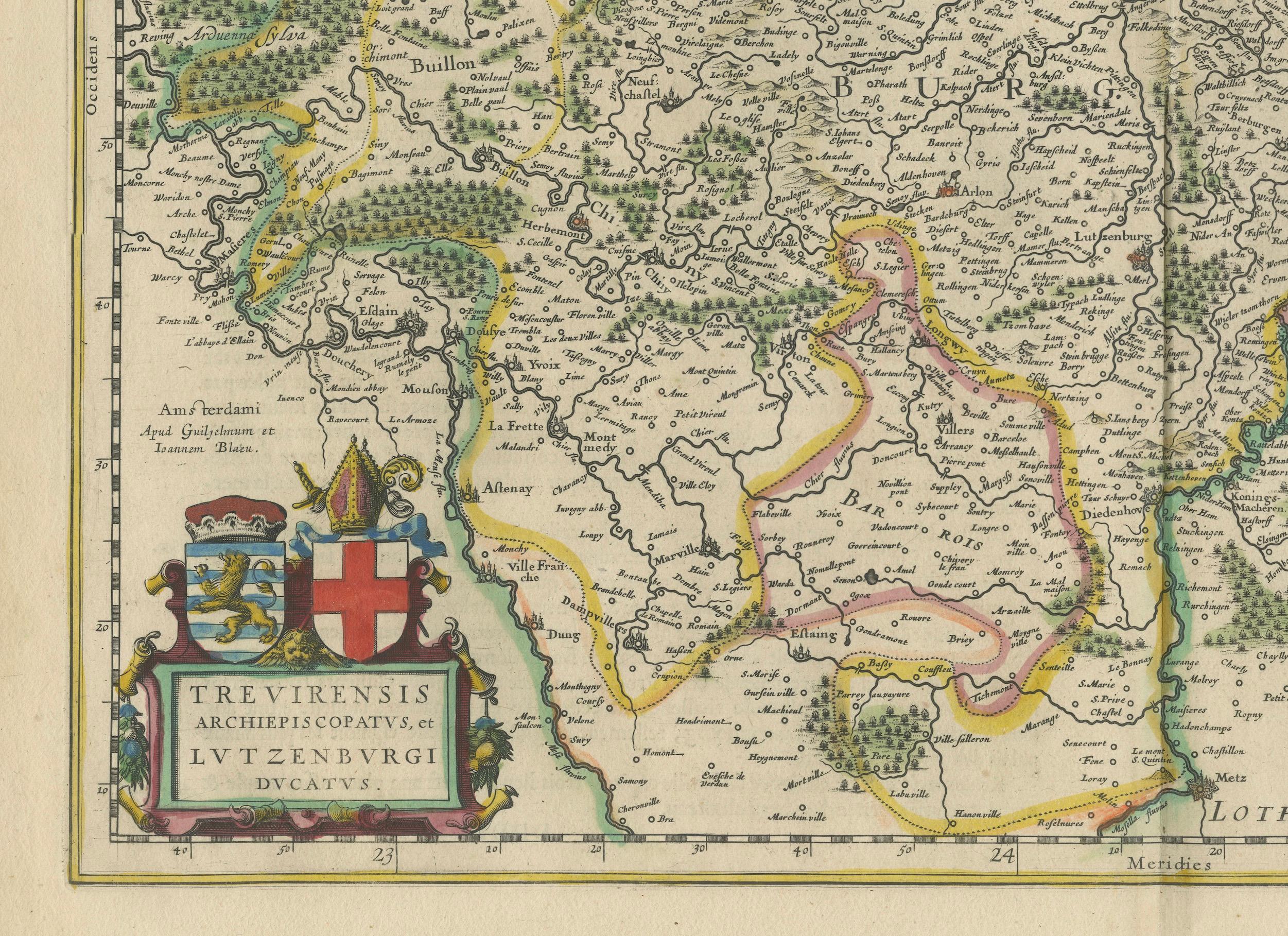 Original Antique Map of Trier and Luxembourg by Joan Blaeu, Amsterdam circa 1640 For Sale 1