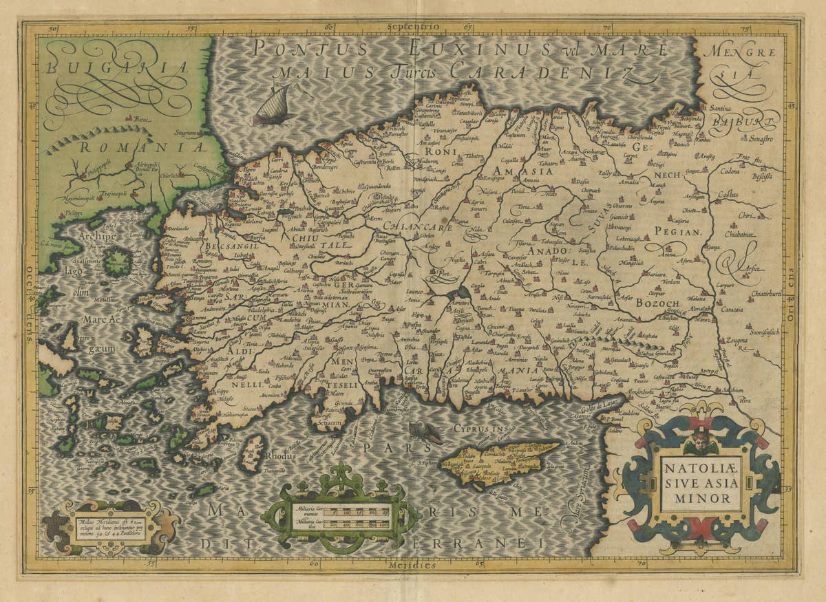 Original Antique Map of Turkey, Asia Minor and Cyprus
