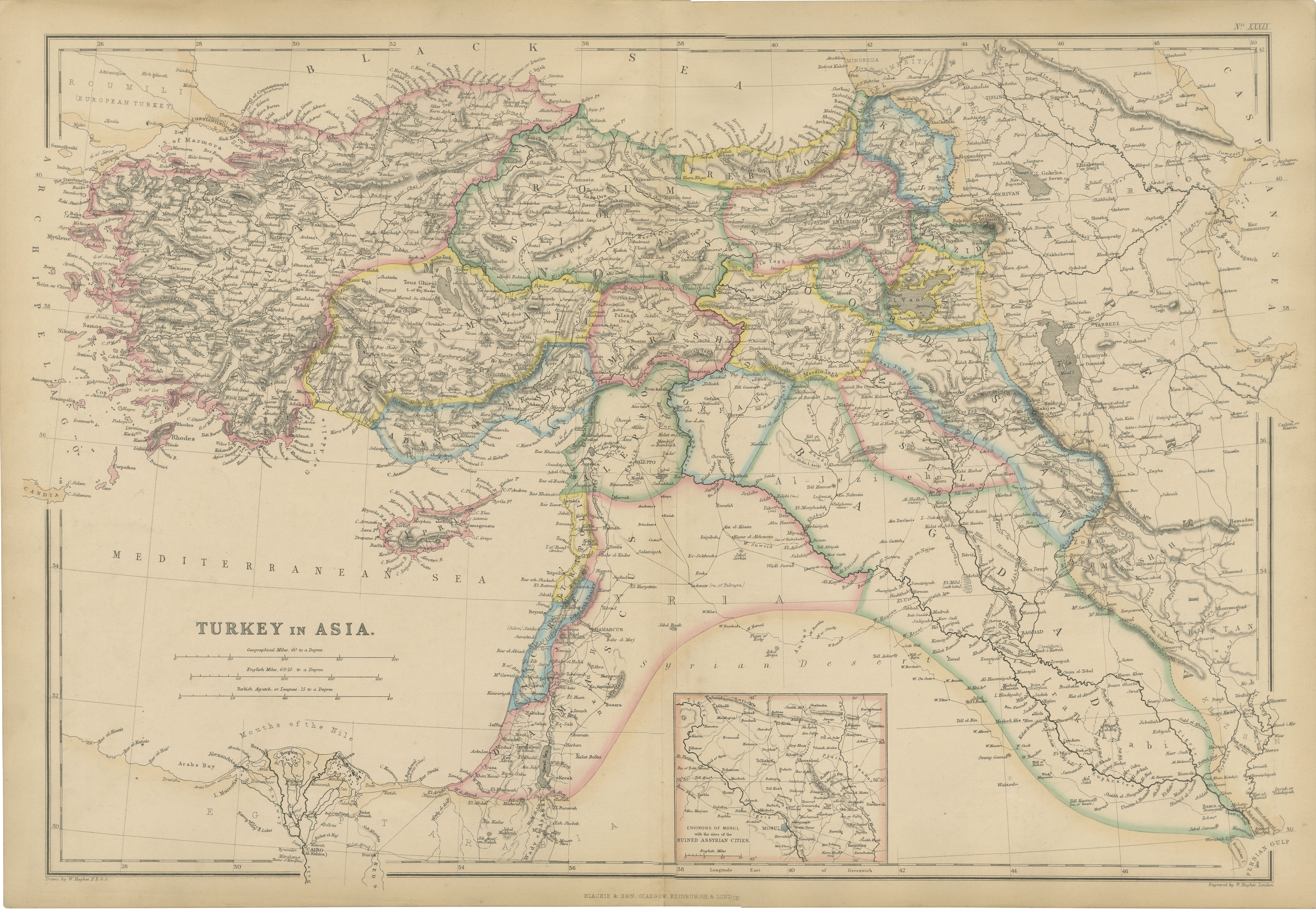 Carte ancienne originale de la Turquie en Asie, de l'Empire ottoman et du Moyen-Orient, vers 1860