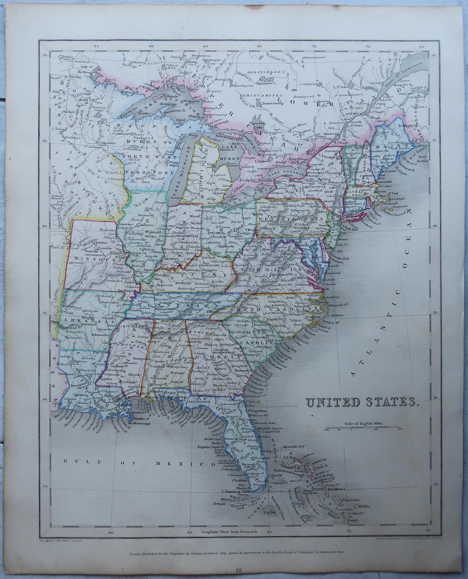 Anglais Carte ancienne originale des États-Unis, Grattan et Gilbert, 1843 en vente