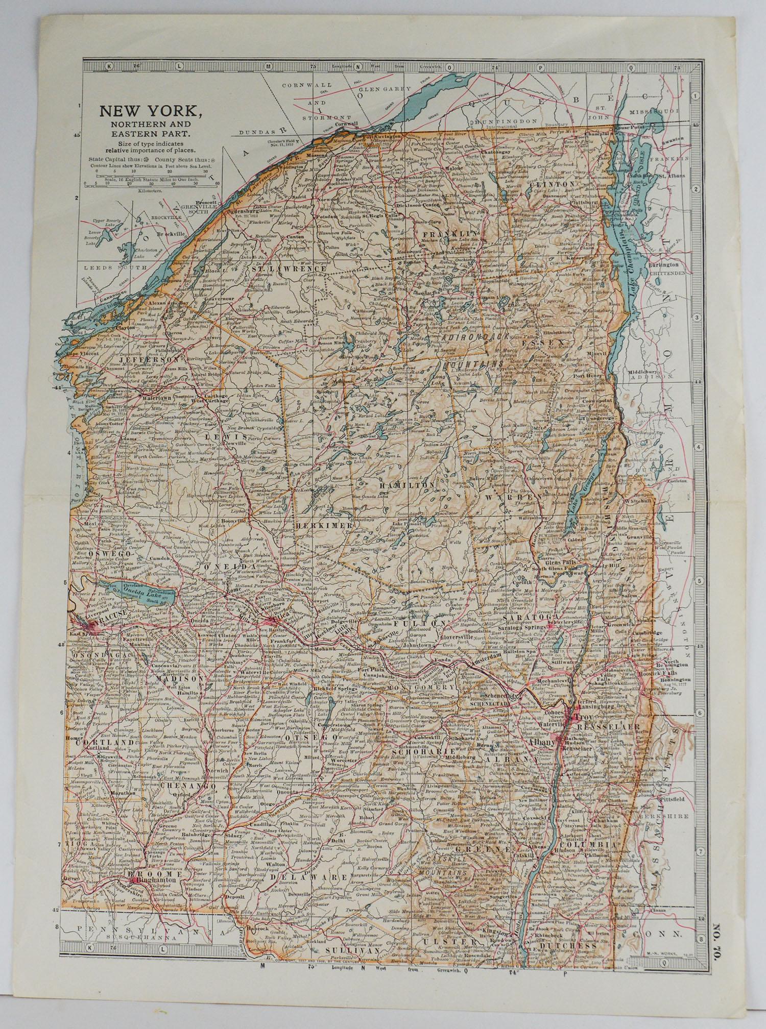 Great map of Upstate New York

Original color.

Published circa 1890

Repairs to minor edge tears. Crease in top half.

Unframed.
  