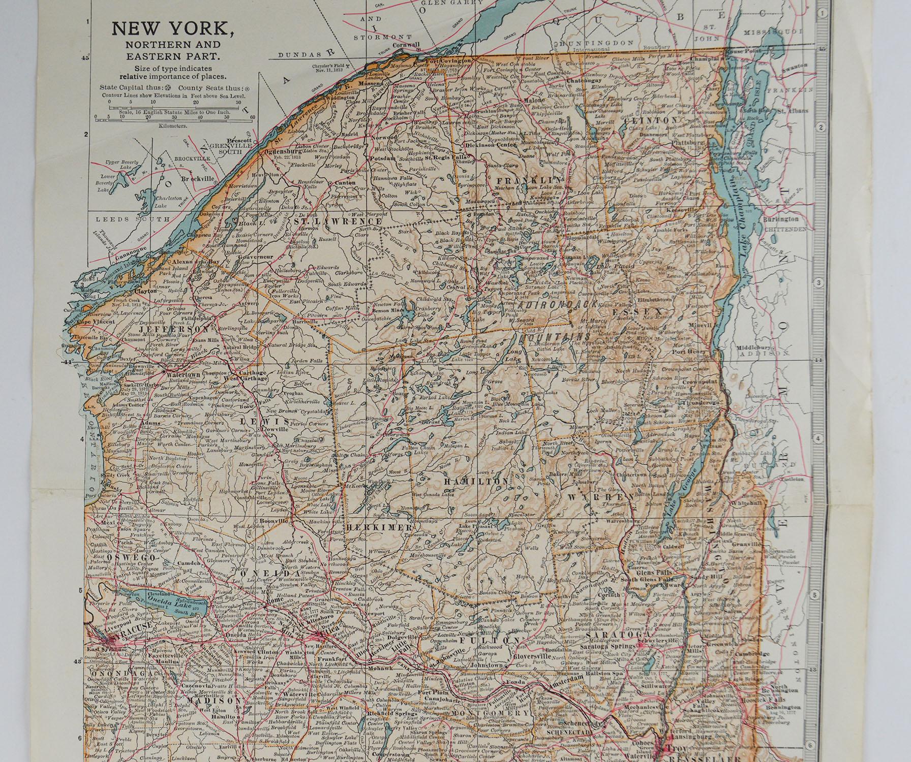English Original Antique Map of Upstate New York, circa 1890