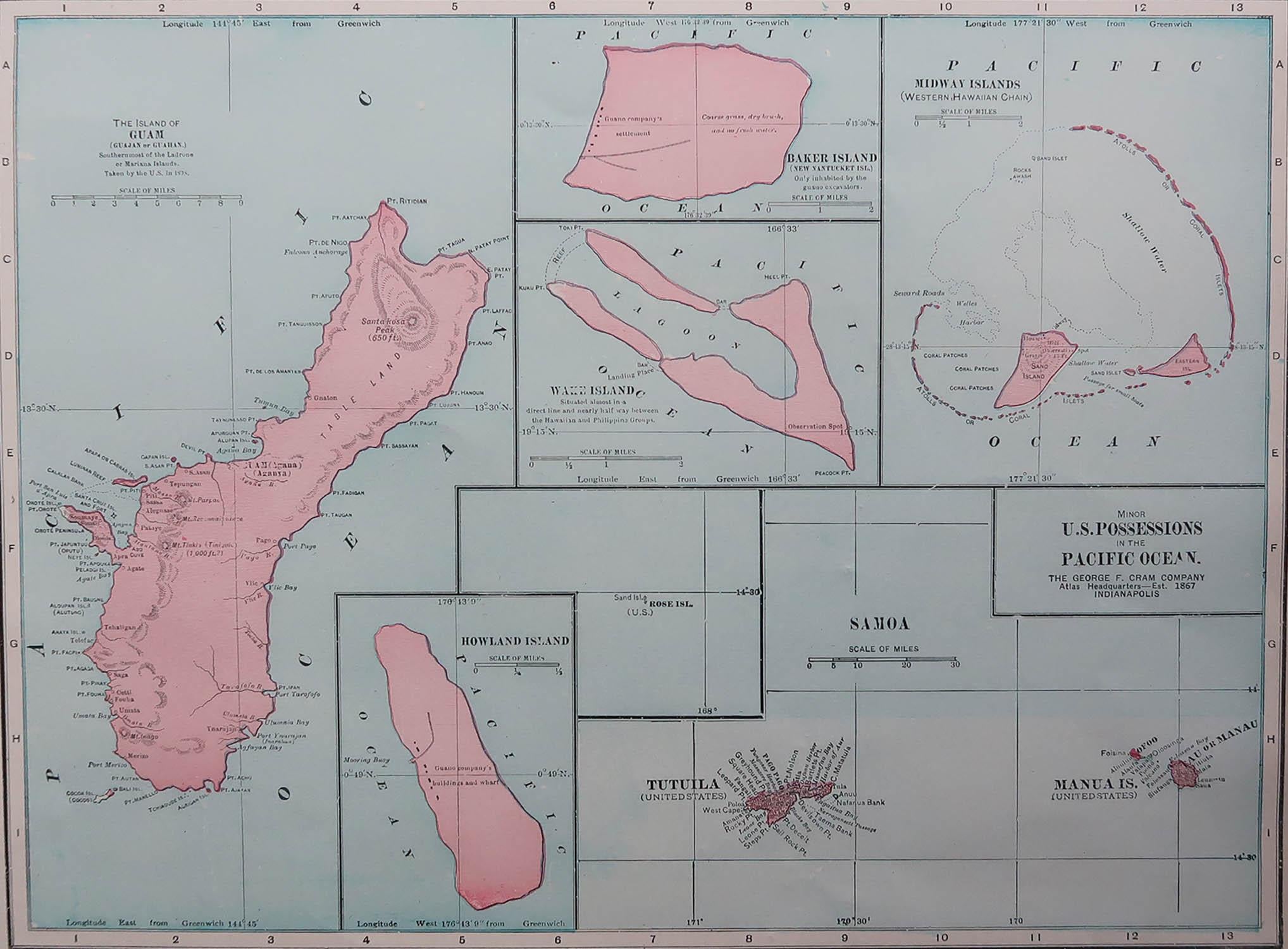 Fabuleuse carte des possessions américaines dans l'océan Pacifique

Couleur originale.

Gravé et imprimé par la George F. Crams Company, Indianapolis.

Publié, C.C.C..

Non encadré.

Livraison gratuite.