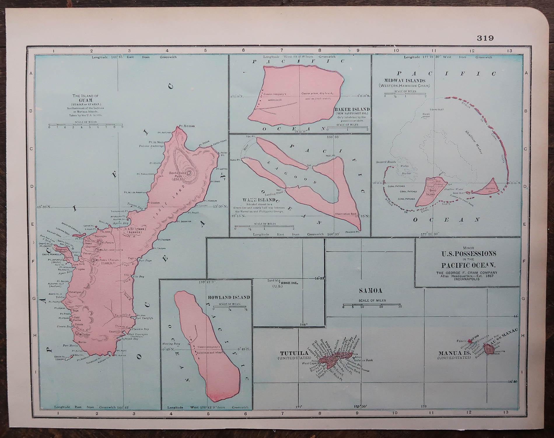 Autre Carte ancienne originale dessessions américaines dans l'océan Pacifique, vers 1900 en vente
