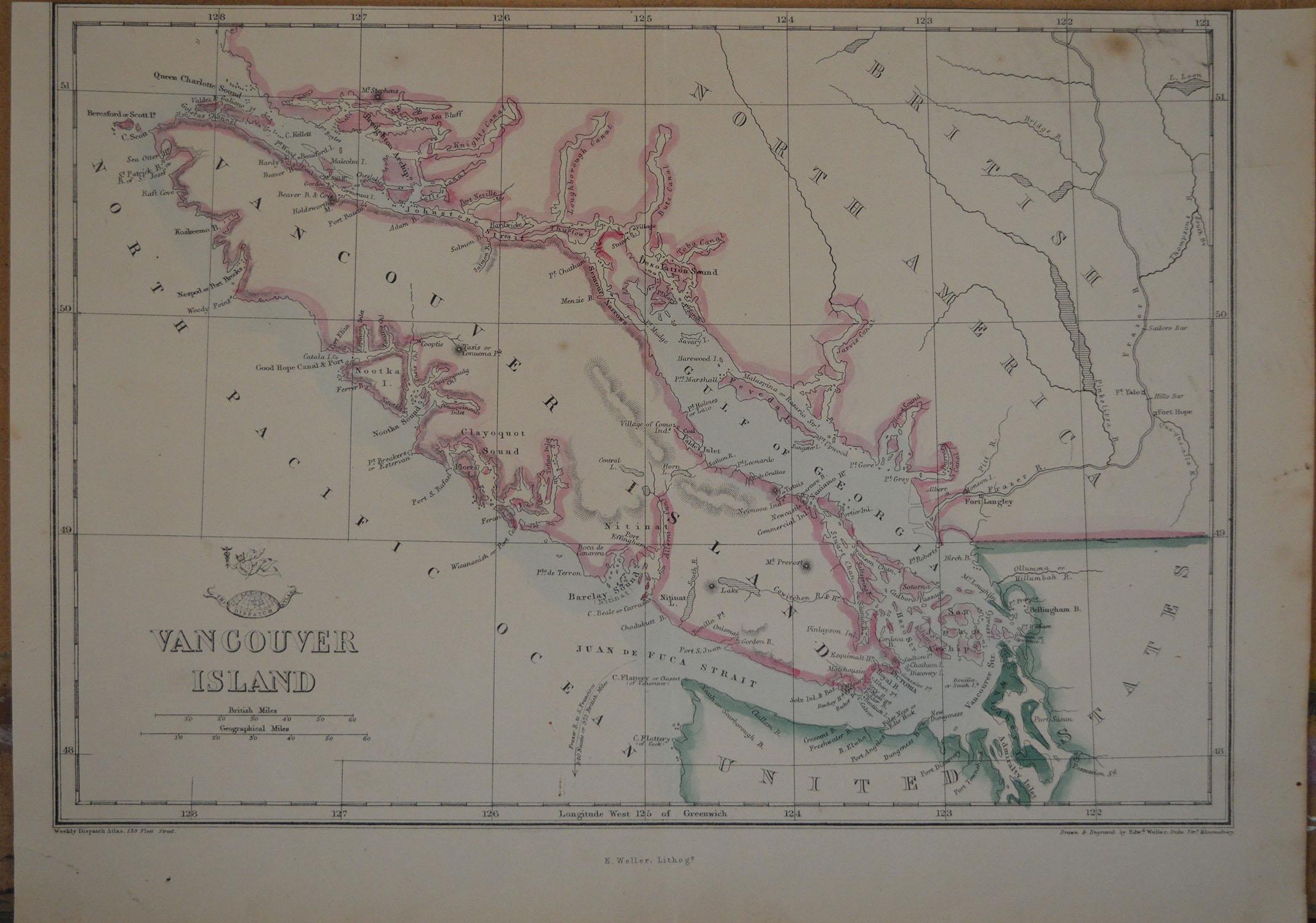 Great map of Vancouver

Steel engraving with original color outline

Drawn and engraved by Edward Weller

Published in the Weekly Dispatch Atlas, 1861

Unframed. No top margin.

 