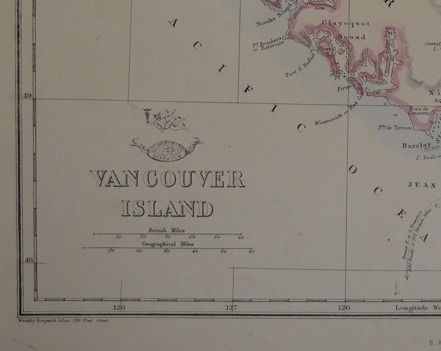 English Original Antique Map of Vancouver by Edward Weller, 1861
