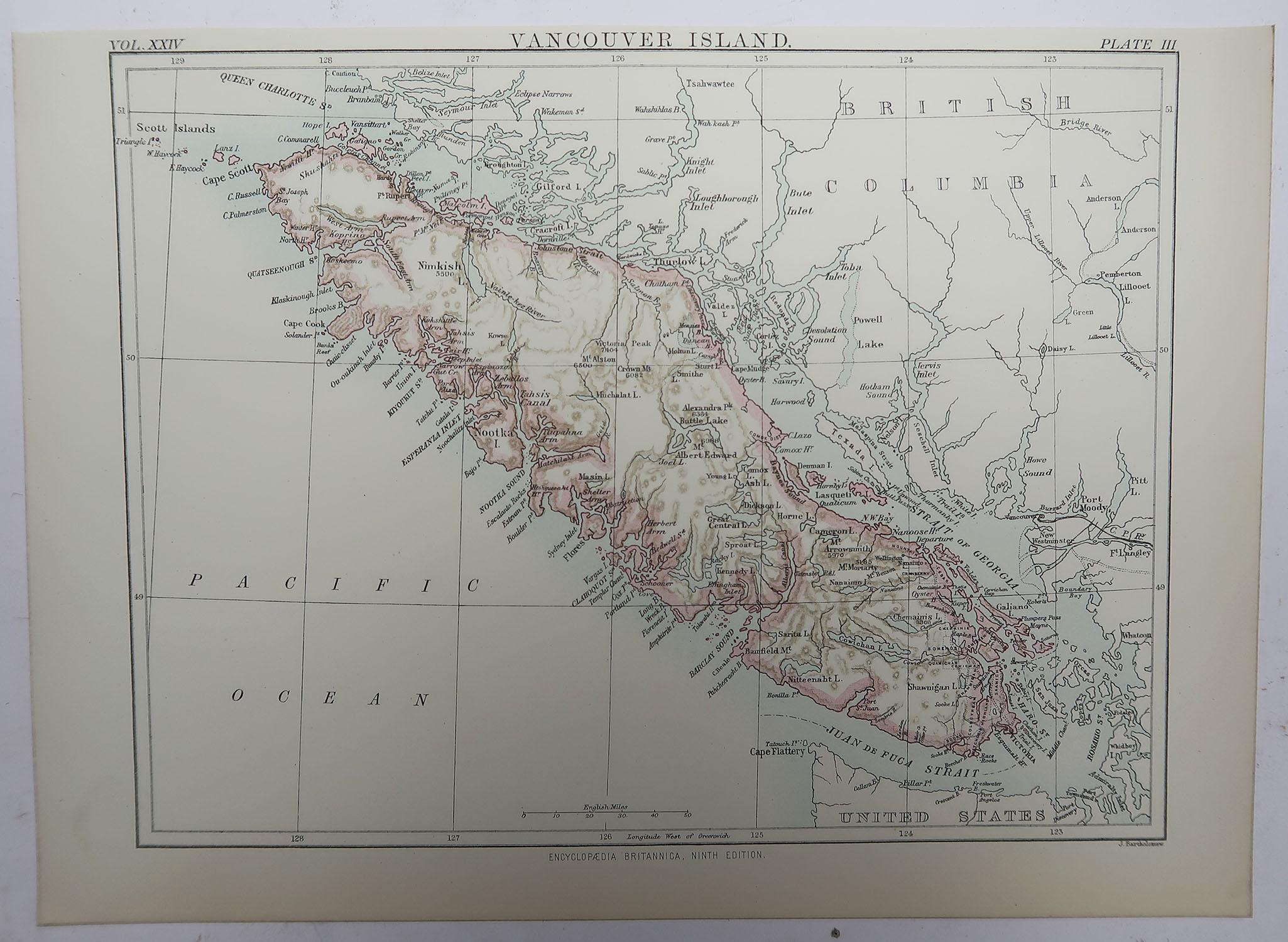 Scottish Original Antique Map of Vancouver, Canada, 1889