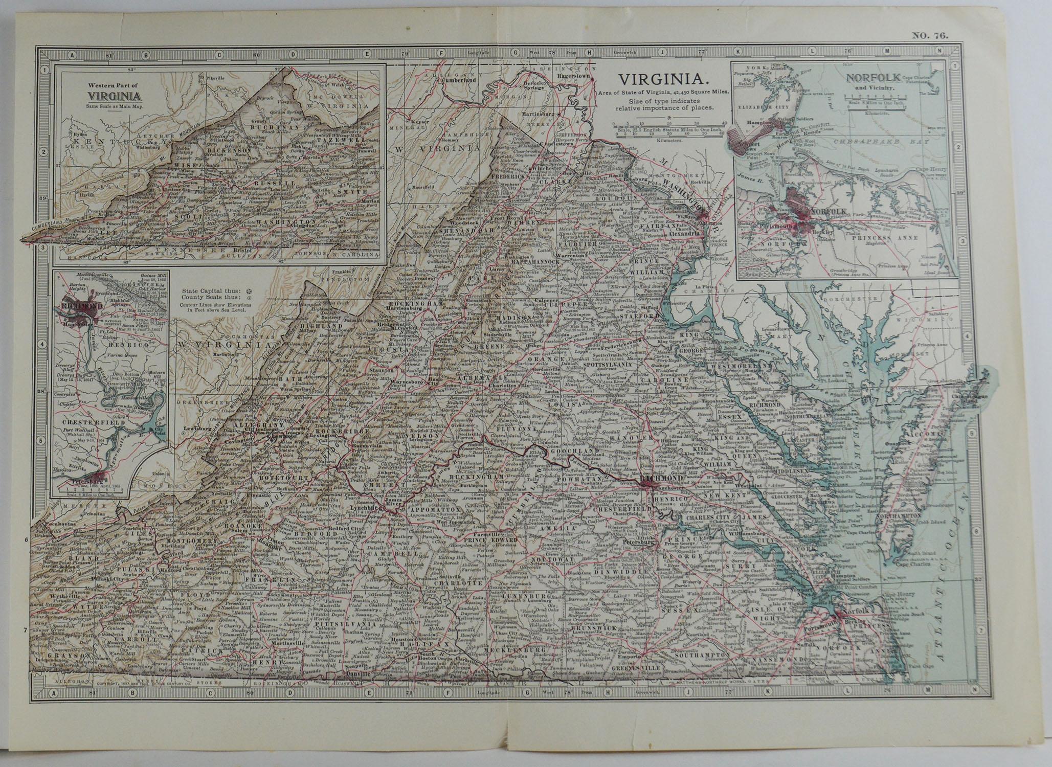 Great map of Virginia

Original color.

Published circa 1890

Repairs to minor edge tears

Unframed.
 