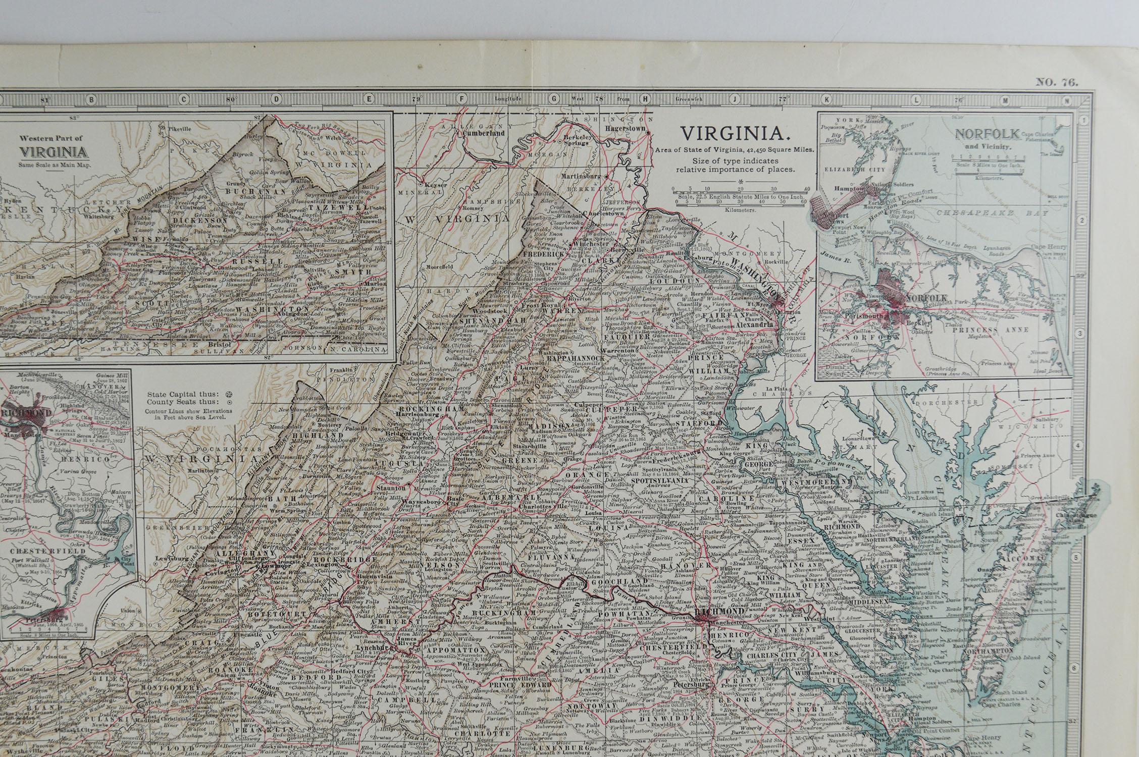 English Original Antique Map of Virginia, circa 1890