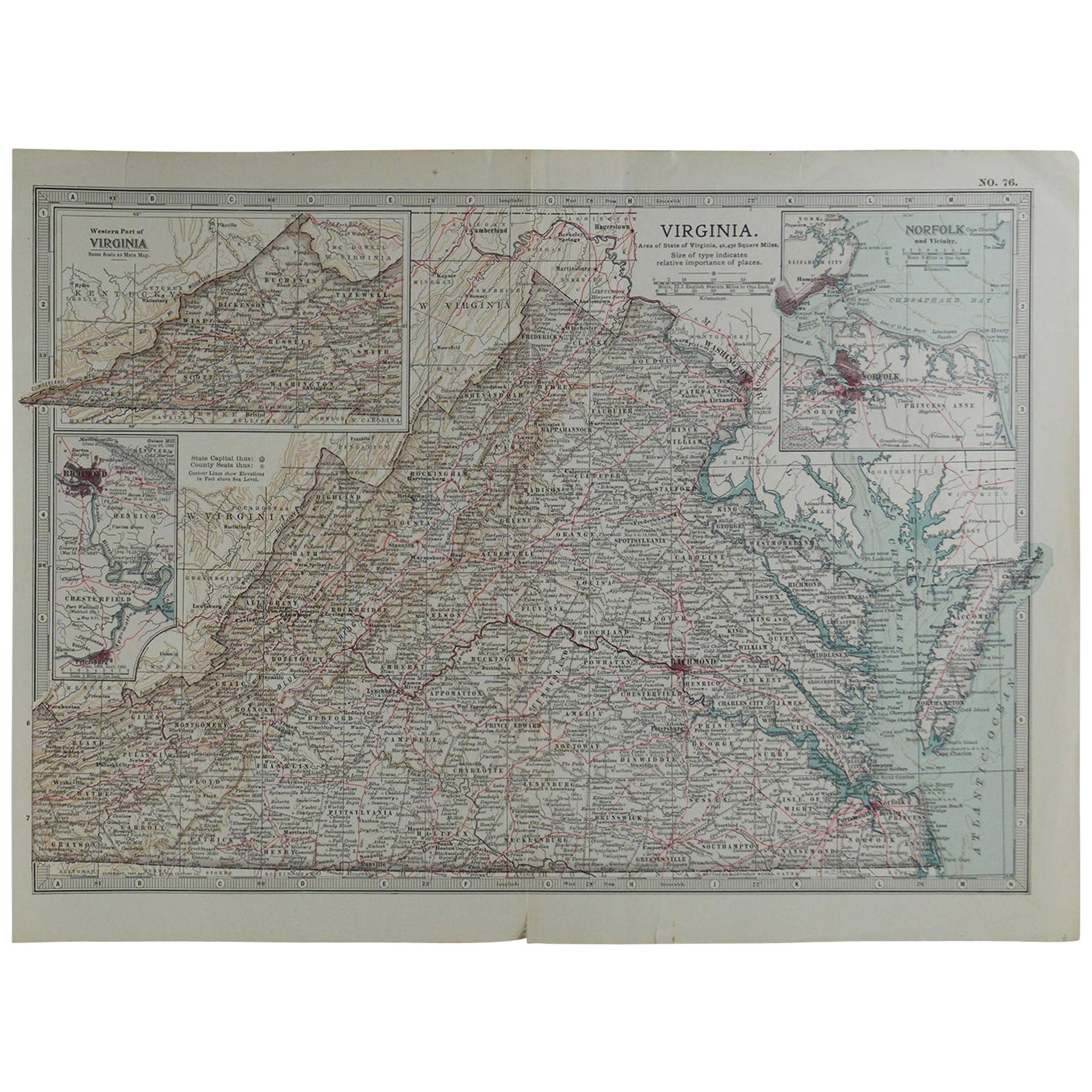Original Antique Map of Virginia, circa 1890