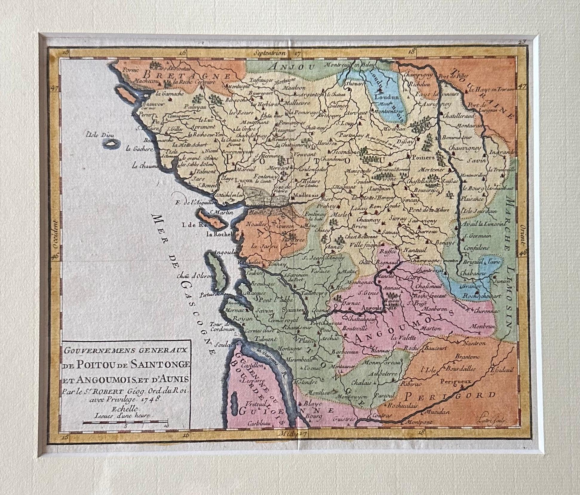 Originale antike Karte von West Zentralfrankreich in Rahmen, 1748 (Graviert) im Angebot