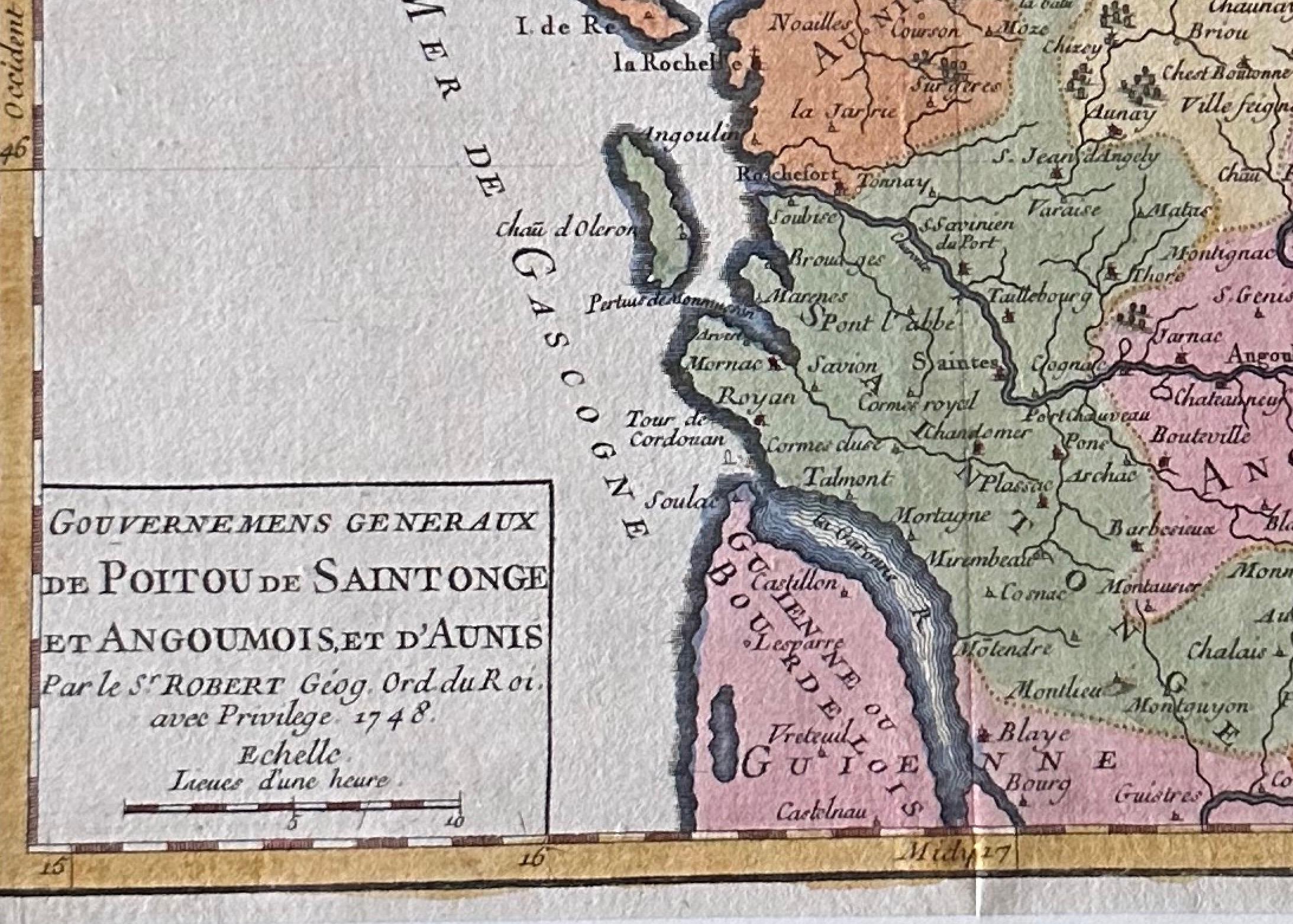 Originale antike Karte von West Zentralfrankreich in Rahmen, 1748 im Zustand „Gut“ im Angebot in Langweer, NL