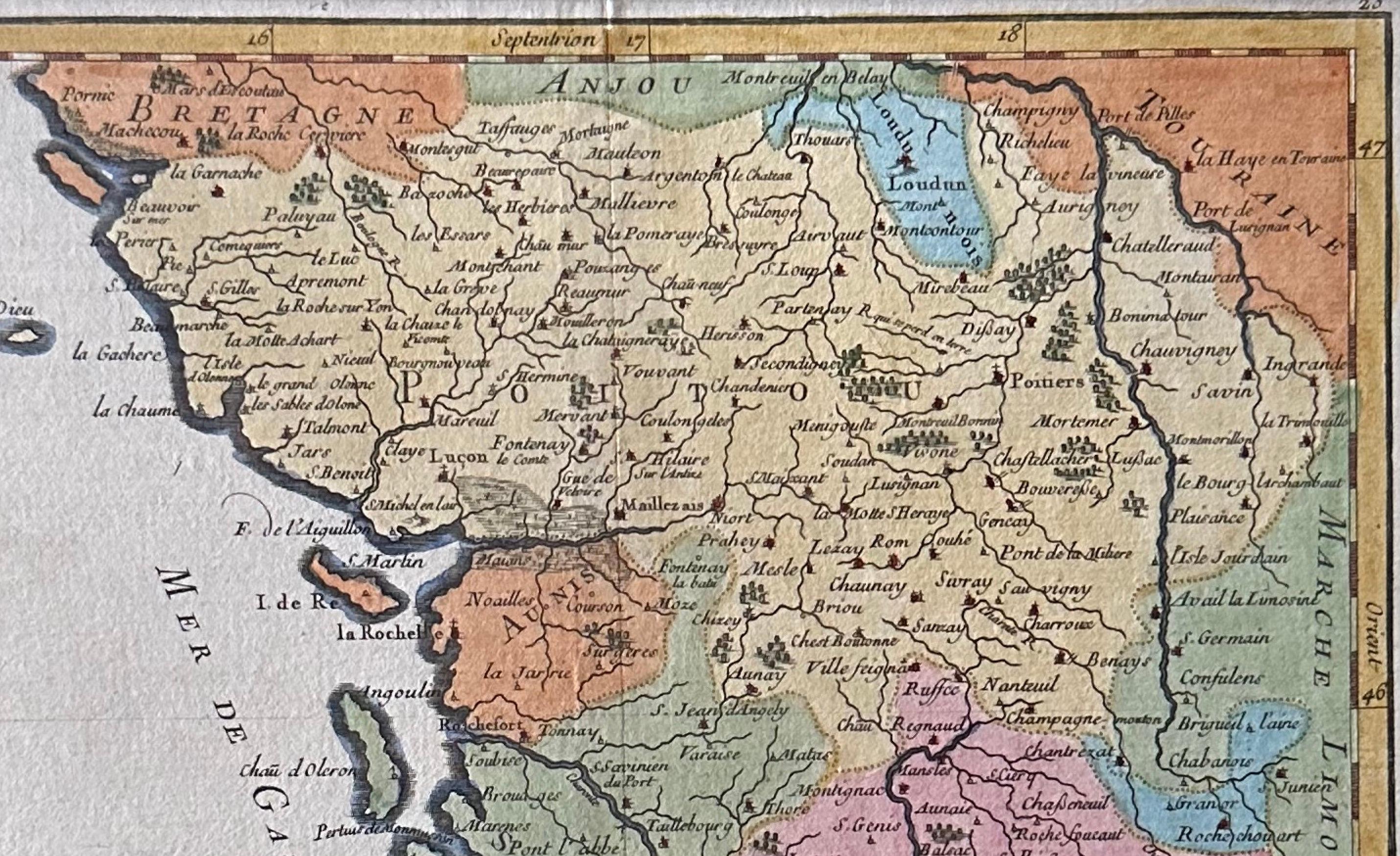 Originale antike Karte von West Zentralfrankreich in Rahmen, 1748 (Mitte des 18. Jahrhunderts) im Angebot