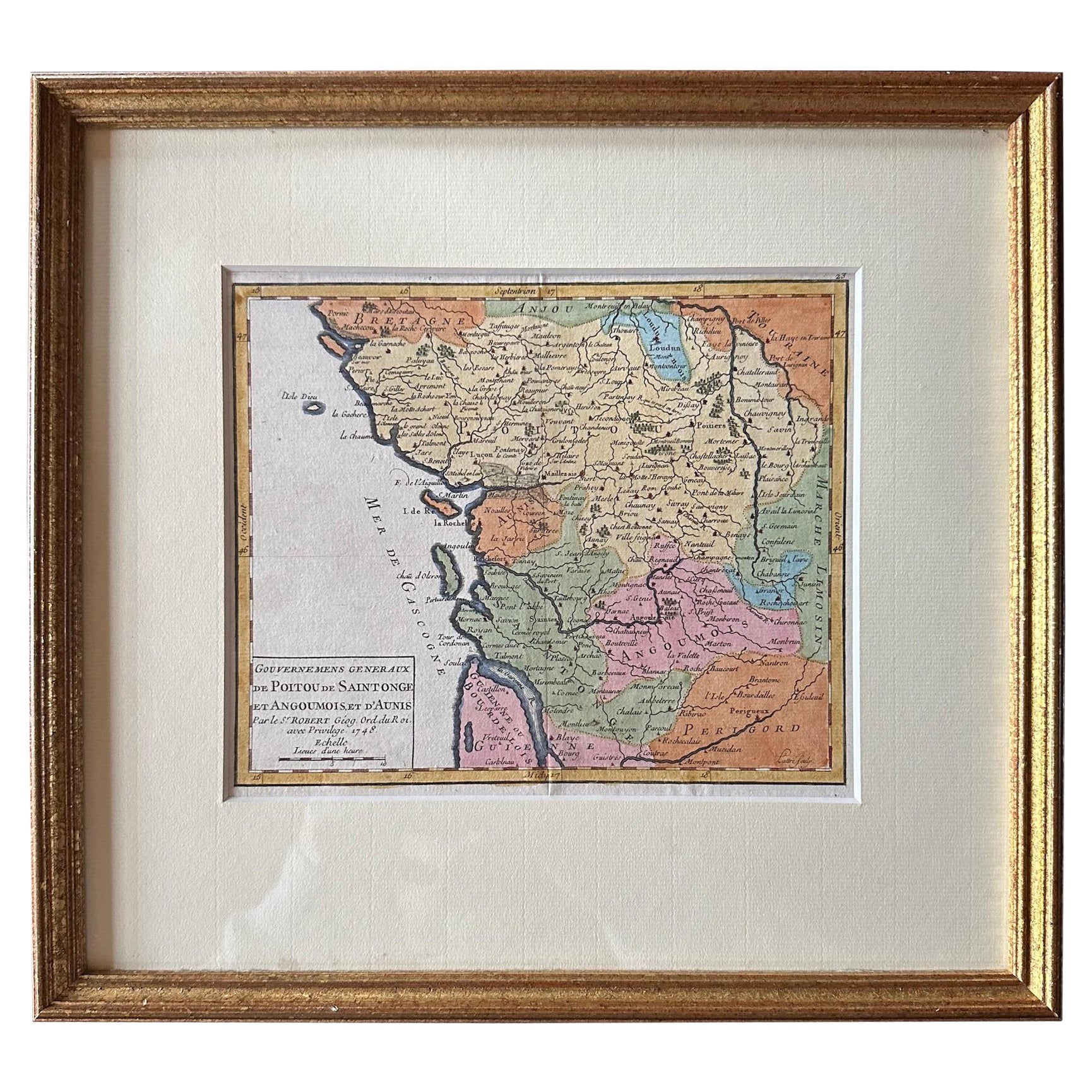 Mappa antica originale della Francia centro-occidentale in cornice, 1748