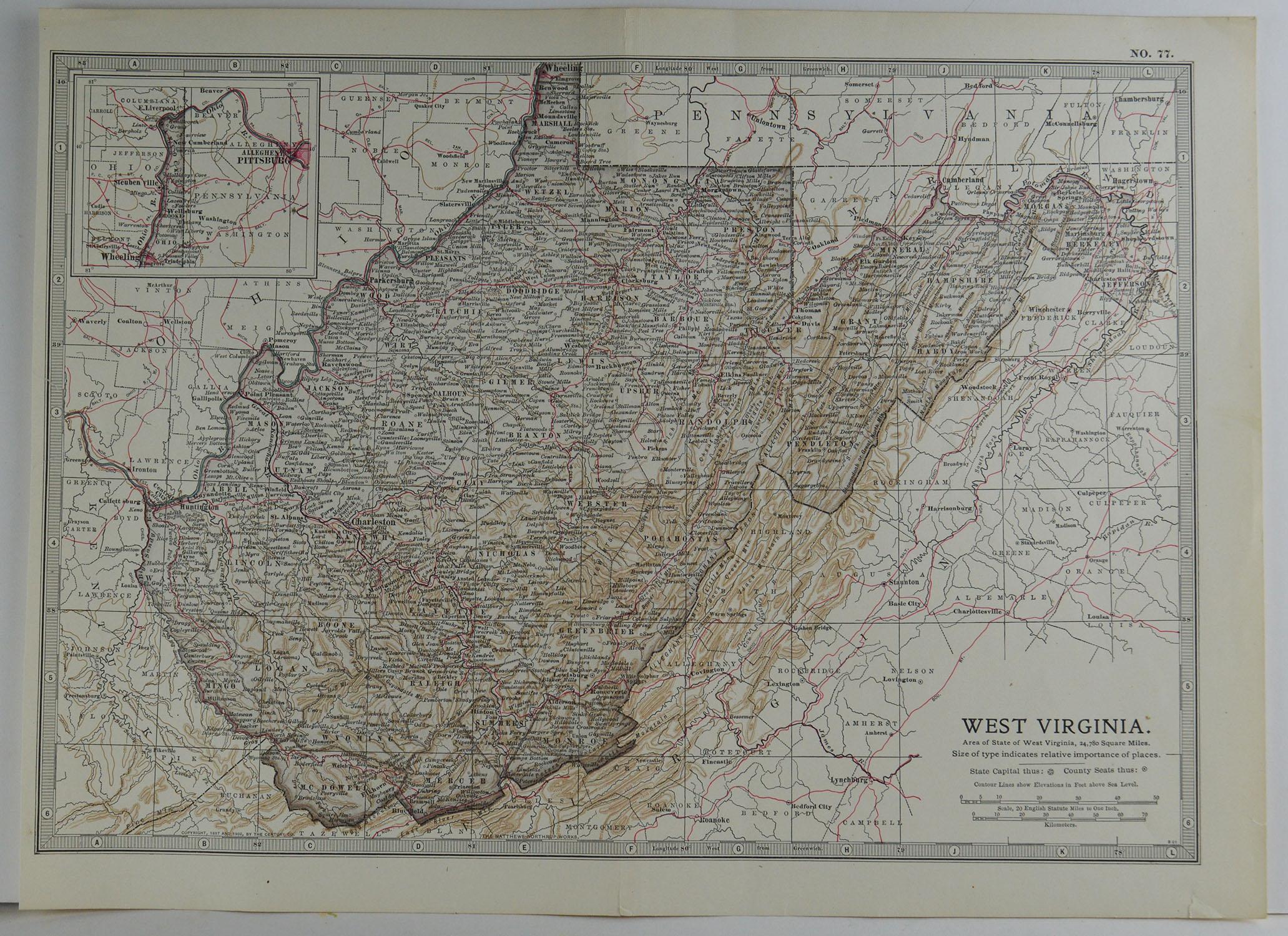 Great map of West Virginia

Original color.

Published, circa 1890

Repairs to a couple of minor edge tears

Unframed.
  