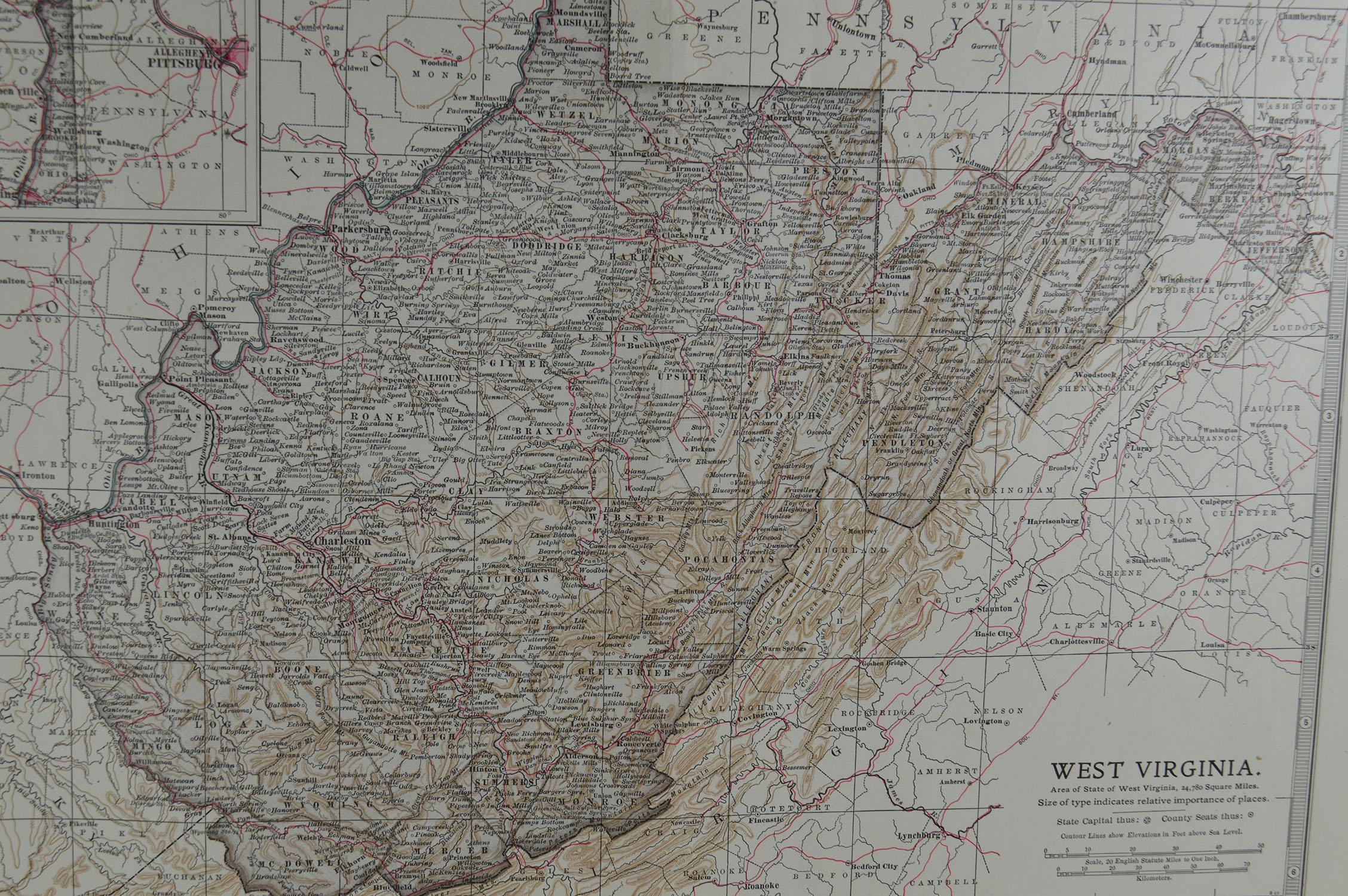 English Original Antique Map of West Virginia, circa 1890