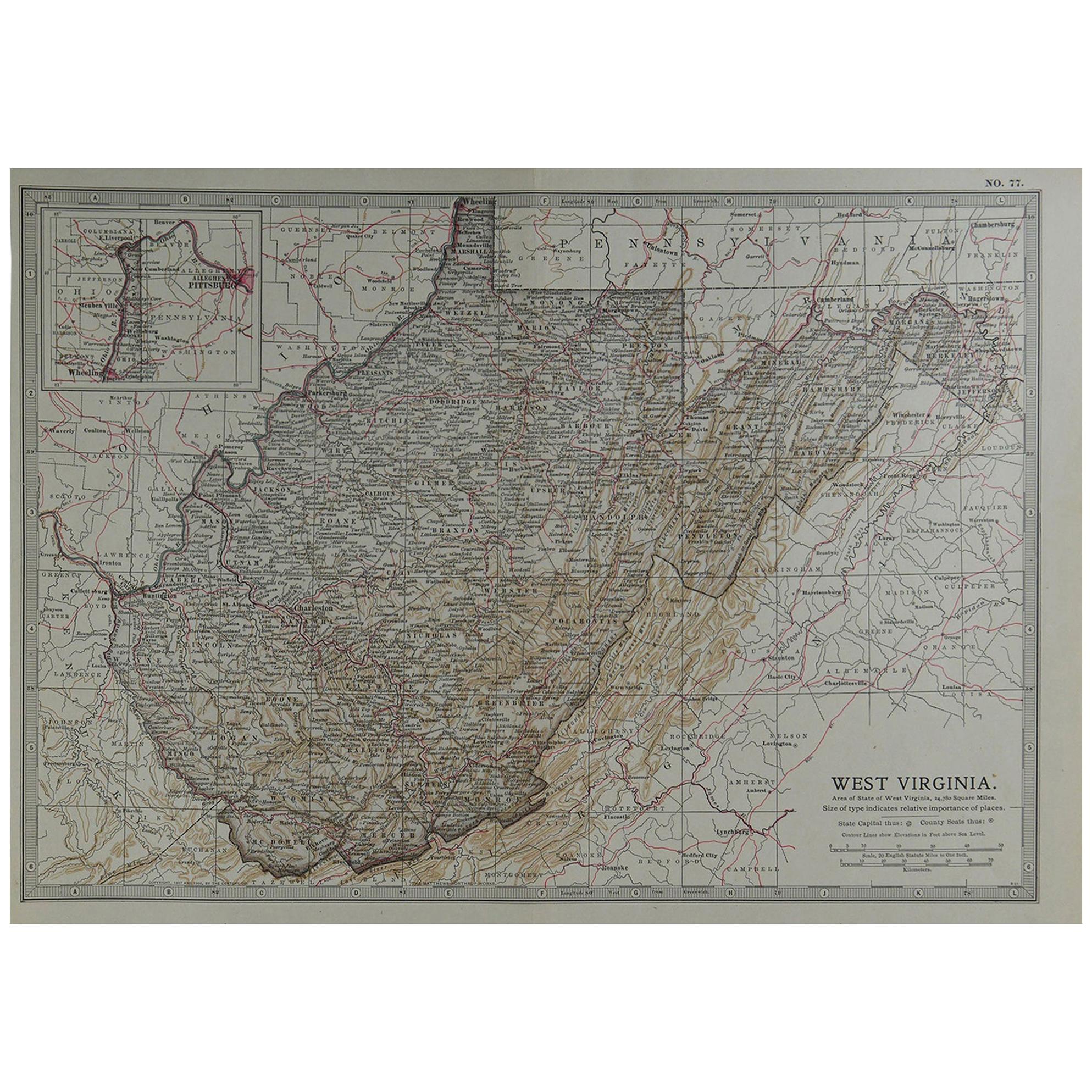 Original Antique Map of West Virginia, circa 1890