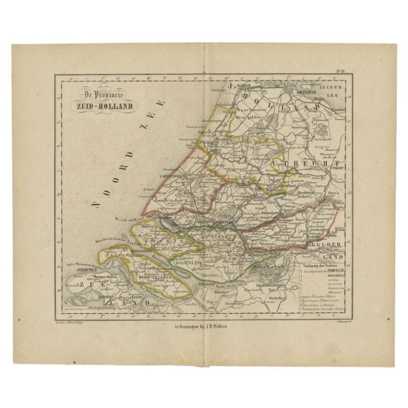 Original Antique Map of Zuid-Holland by Brugsma, 1864 For Sale