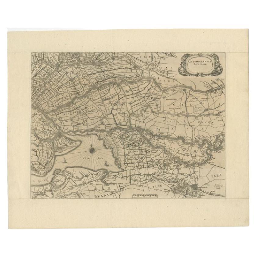 Original Antique Map of Zuid-Holland in the Netherlands by Blaeu, C.1645 For Sale