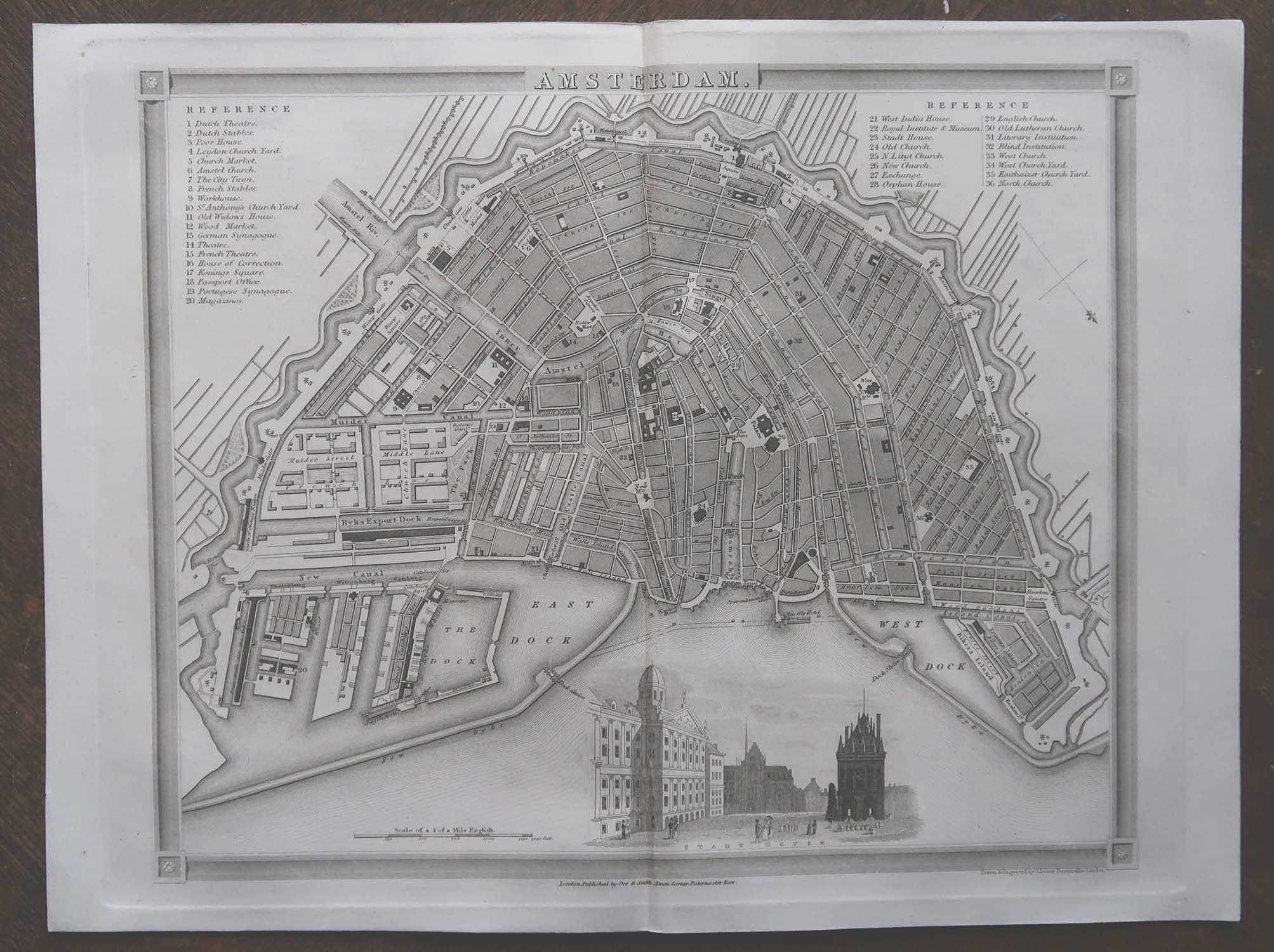 Anglais Carte ancienne originale ou plan de ville d'Amsterdam, Pays-Bas. Circa 1835 en vente