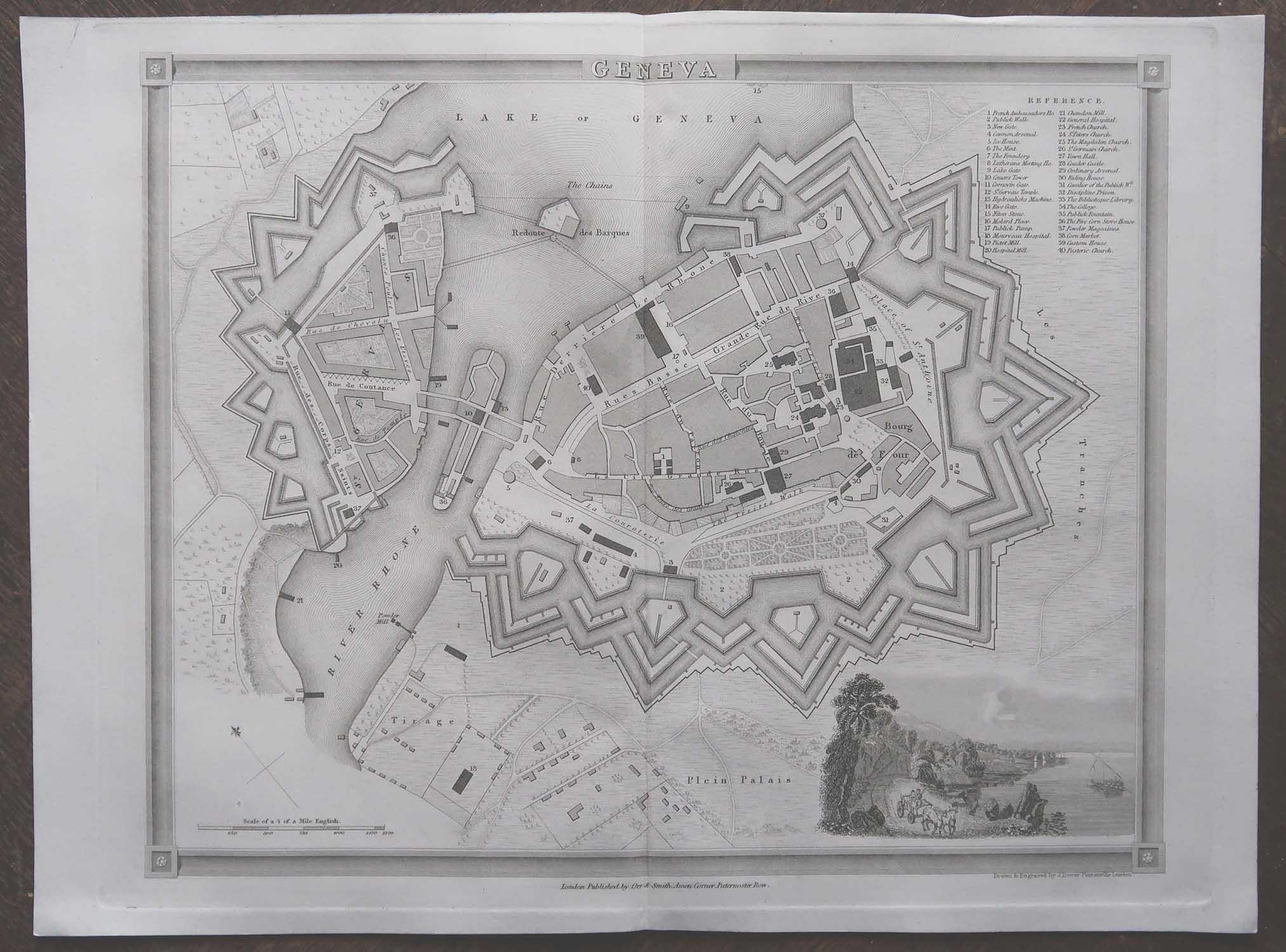 Anglais Carte ancienne originale ou plan de ville de Genève, Suisse. Circa 1835 en vente