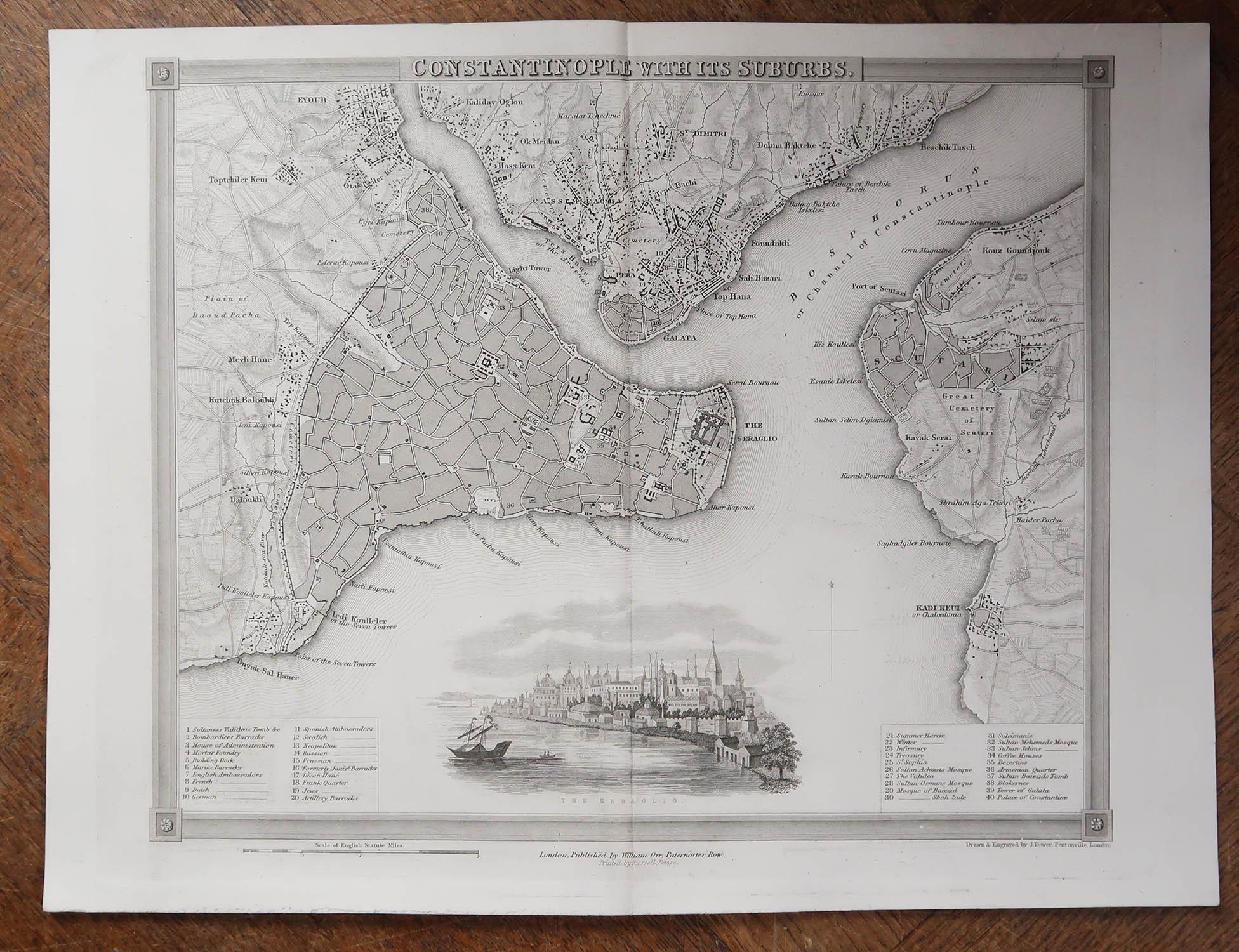 Anglais Carte ancienne originale ou plan de ville d'Istanbul, Turquie. Circa 1835 en vente