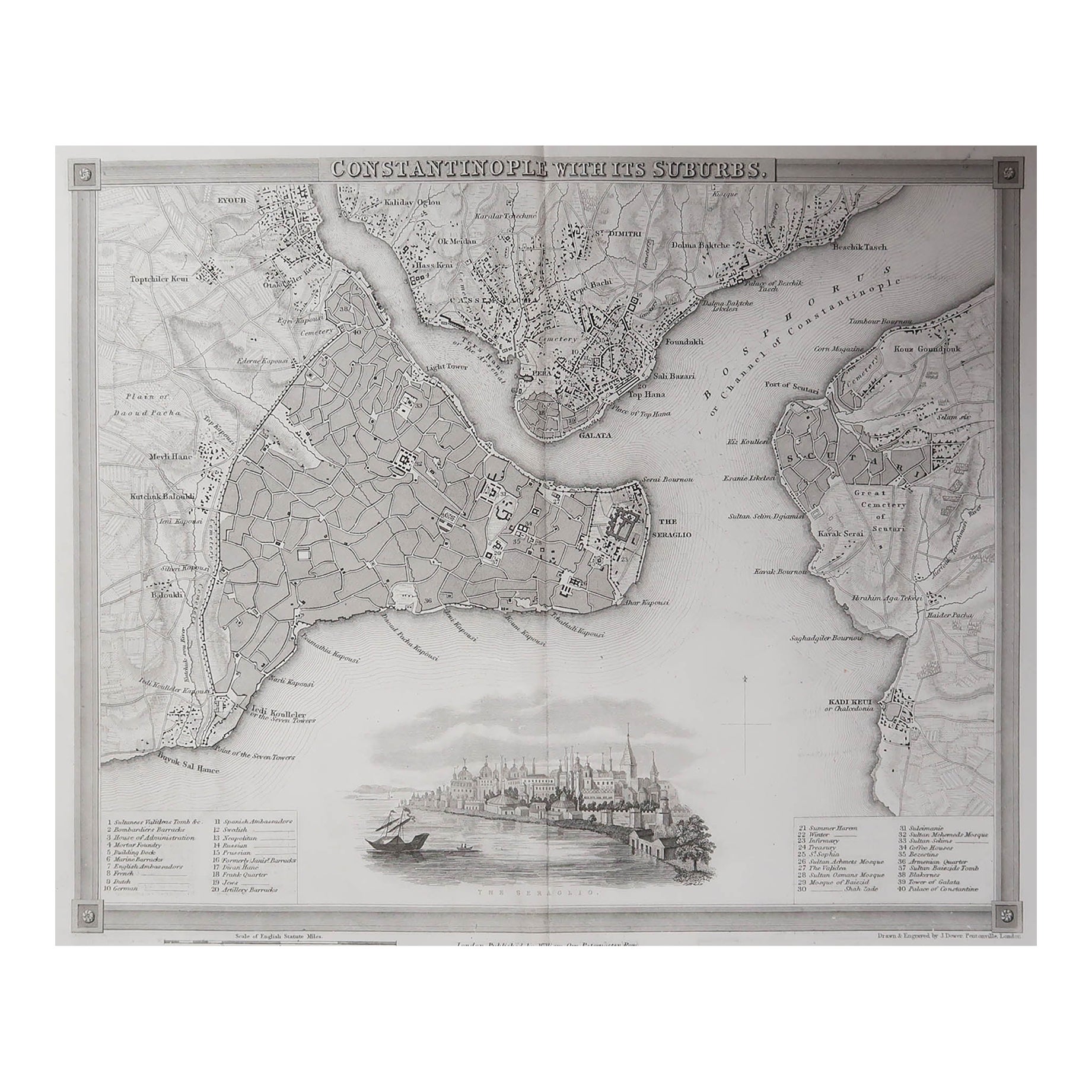 Carte ancienne originale ou plan de ville d'Istanbul, Turquie. Circa 1835 en vente