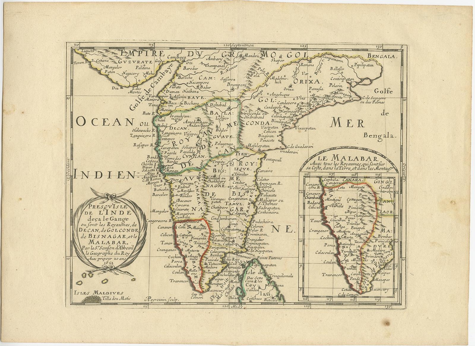 Antique map titled 'Presqu'Isle de l'Inde deca le Gange (..)'. 

Old map showing the southern part of India, including the northern part of Sri Lanka. With inset map of Southern India (Malabar). This map covers the subcontinent from the Bay of