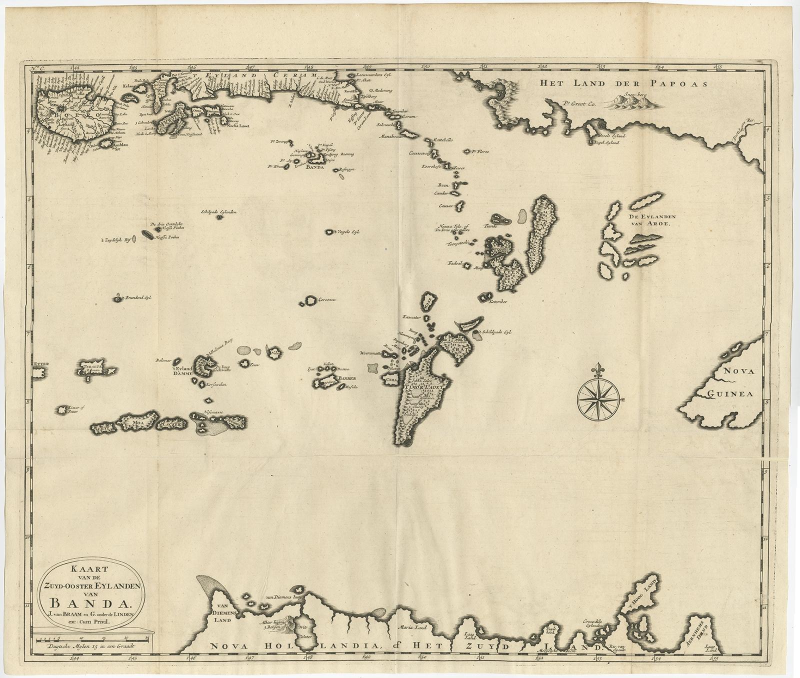Antique map titled 'Kaart van de Zuyd-Ooster Eylanden van Banda'. 

Map of the southeastern part of the Banda islands. This map originates from 'Oud en Nieuw Oost-Indiën' by F. Valentijn.

Artists and Engravers: François Valentijn (1666-1727), a