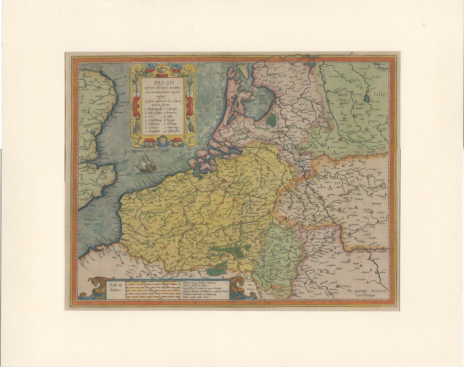Antique map titled 'Belgii inferioris descriptio (..)'. 

Old map of the Seventeen Provinces, the Imperial states of the Habsburg Netherlands in the 16th century. They roughly covered the Low Countries, i.e. what is now the Netherlands, Belgium,