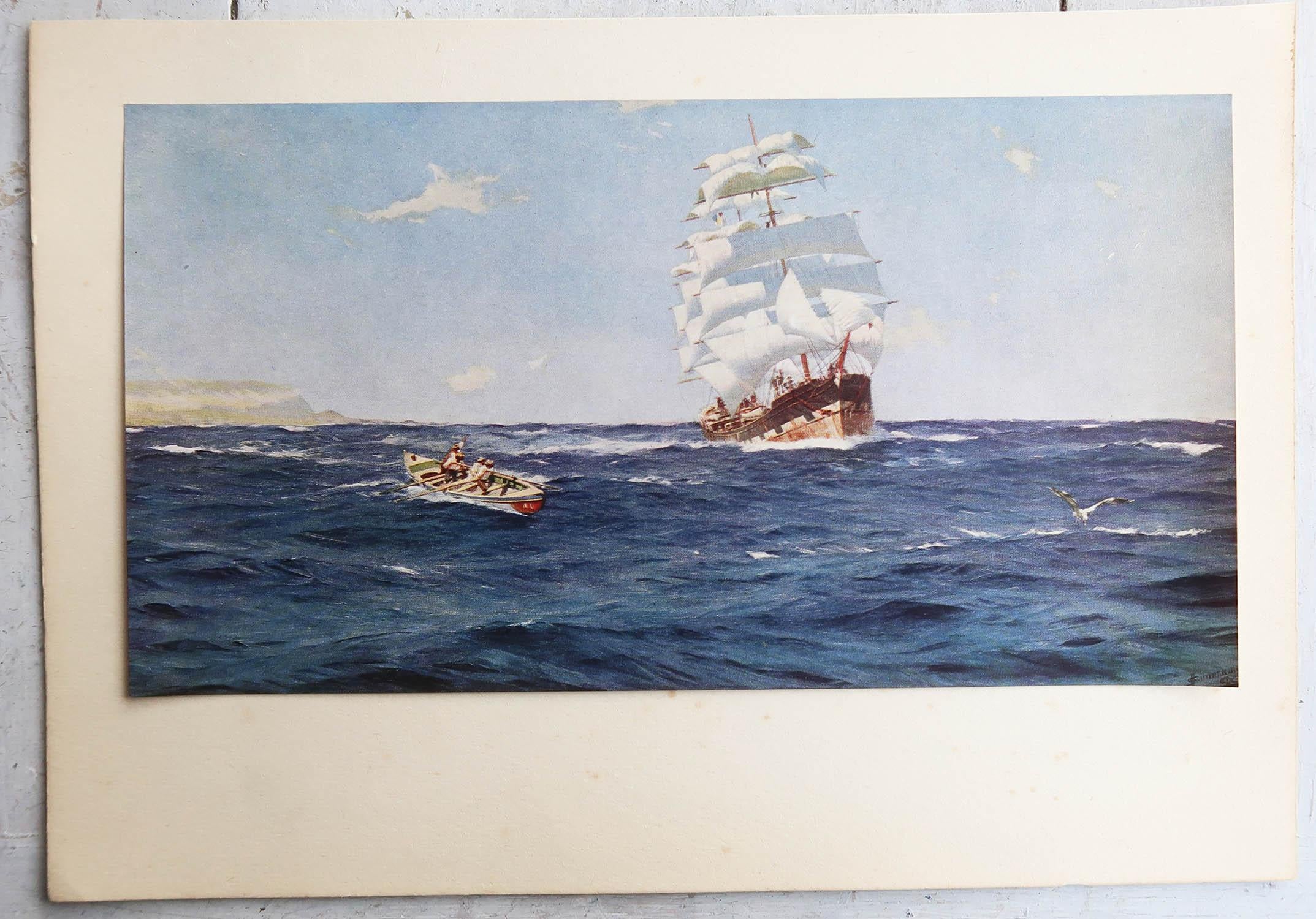 English Original Antique Marine Print After Thomas J. Somerscales, circa 1920 For Sale