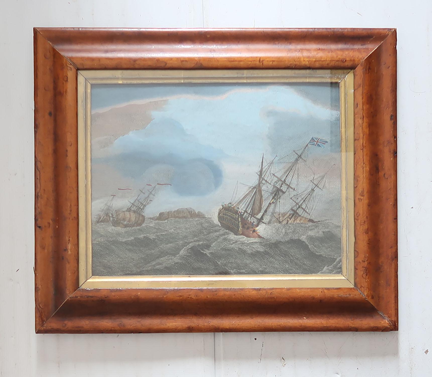 Georgian Original Antique Marine Print in a Bird's-Eye Maple Frame, circa 1800