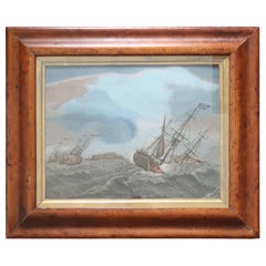 Original Antique Marine Print in a Bird's-Eye Maple Frame, circa 1800