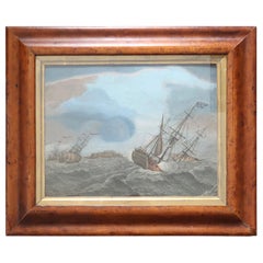 Original Antique Marine Print in a Bird's-Eye Maple Frame, circa 1800
