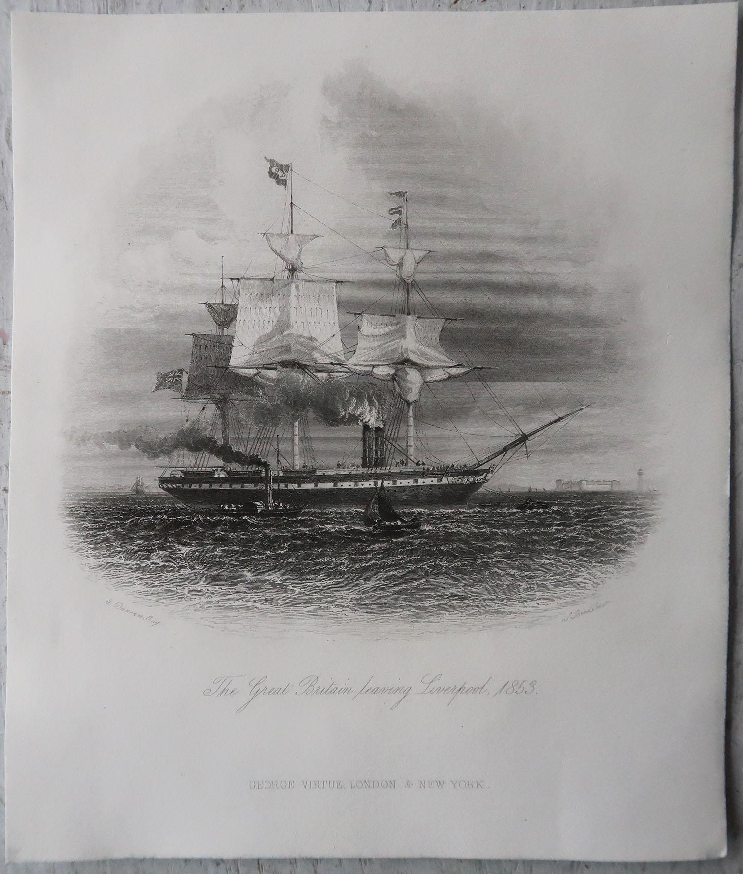 English Original Antique Marine Print, the S.S Great Britain, 1853